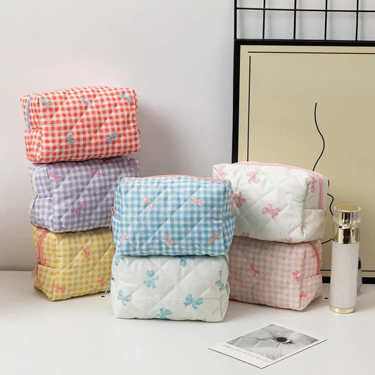 Women's Cosmetic Bags Bow Cute Cotton Makeup Bag Women Zipper Cosmetic Organizer Portable Toiletry Handbag Ultimate Bag Store