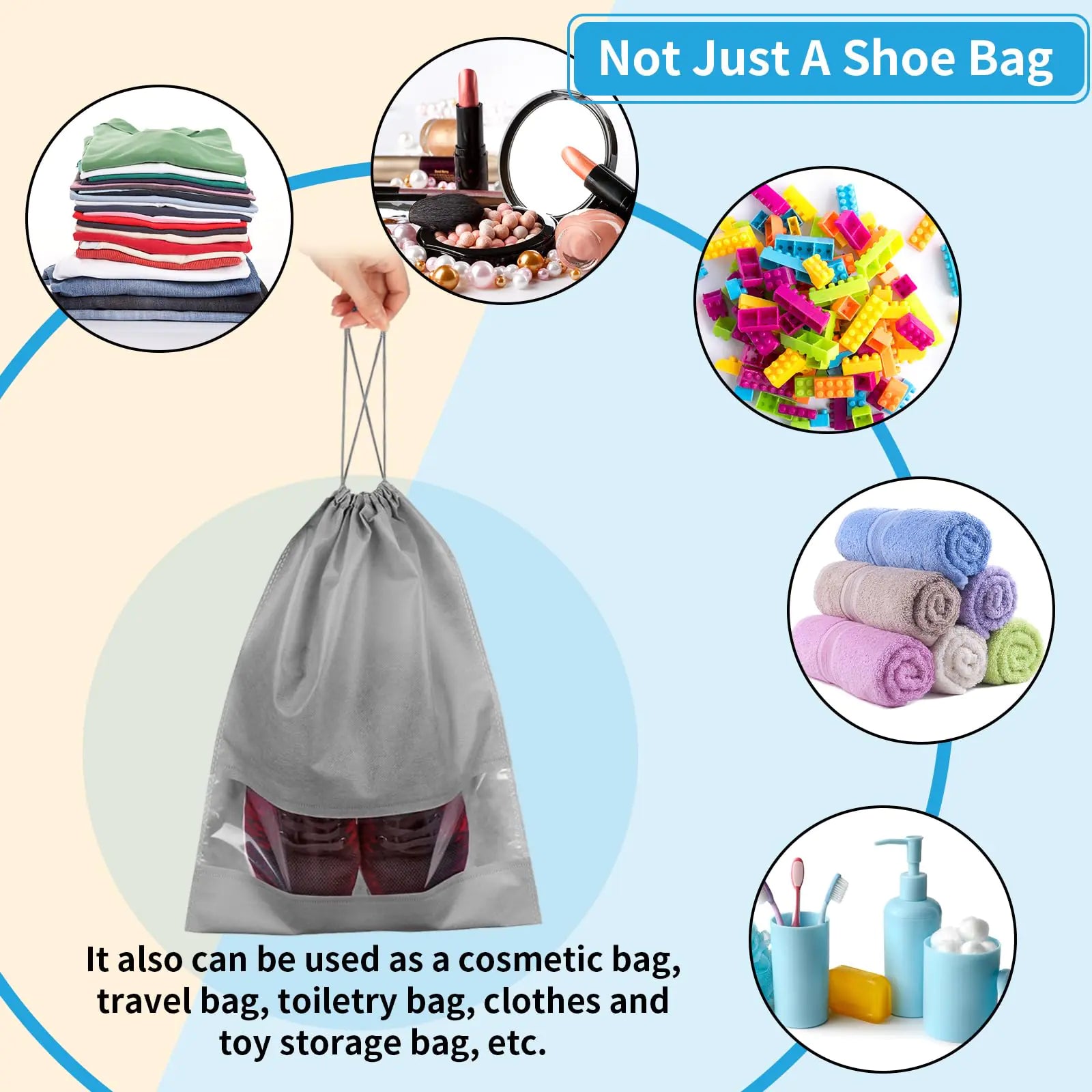 Bolsas para zapatos para viajes, 5 piezas, grandes bolsas de viaje grises para zapatos para empacar, bolsa de almacenamiento de zapatos de viaje con cordón no tejido y ventana transparente para hombres y mujeres (12,6