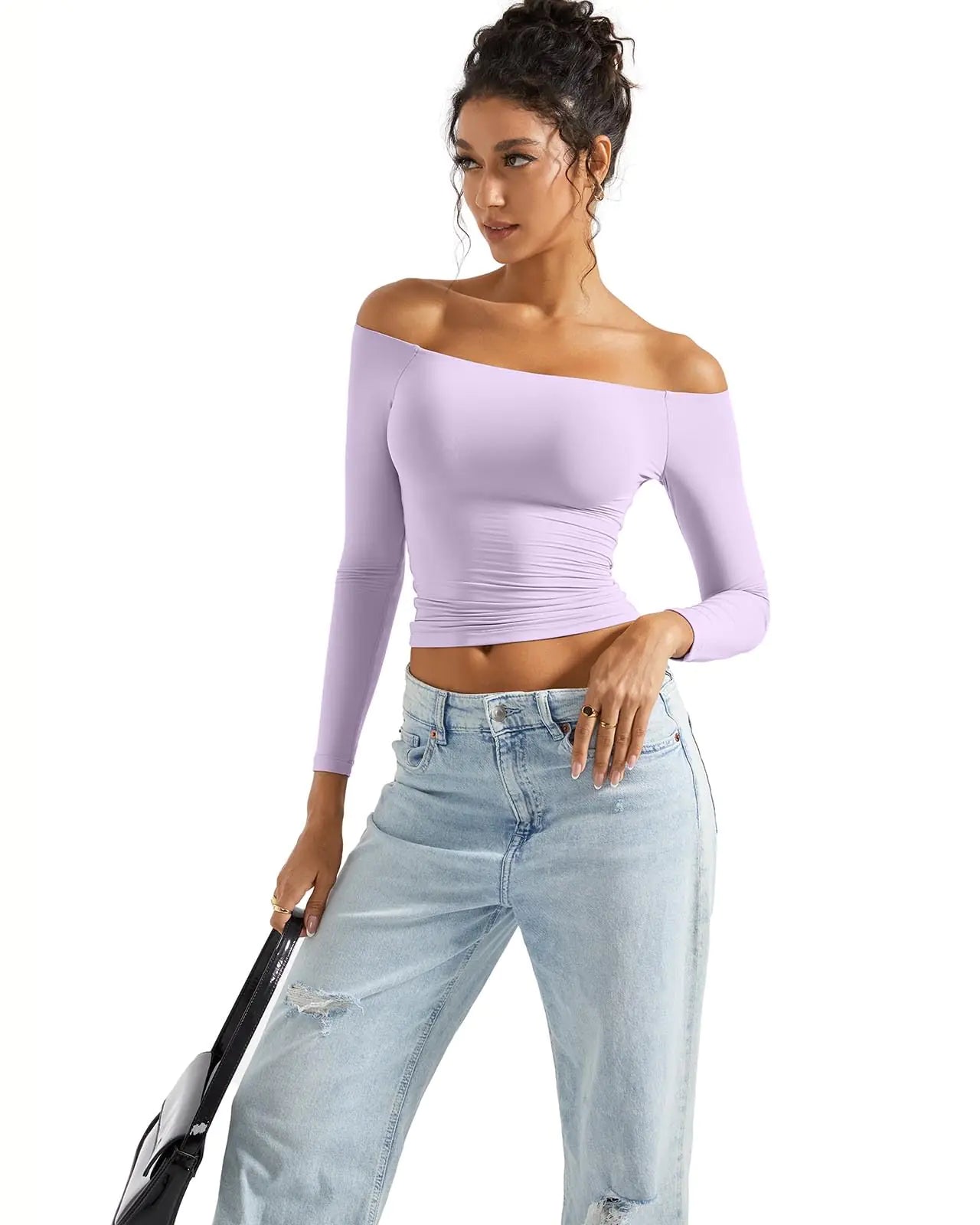 SUUKSESS Women Off Shoulder Double Lined Long Sleeve Shirts - X-Small Lilac - Vivareflex Online