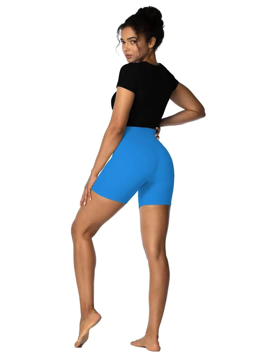 Sunzel Short taille haute pour femme avec effet froissé et fessier caché, short de motard, short de sport, de yoga, de course à pied, avec contrôle du ventre, entrejambe de 15,2 cm, taille XS, bleu classique