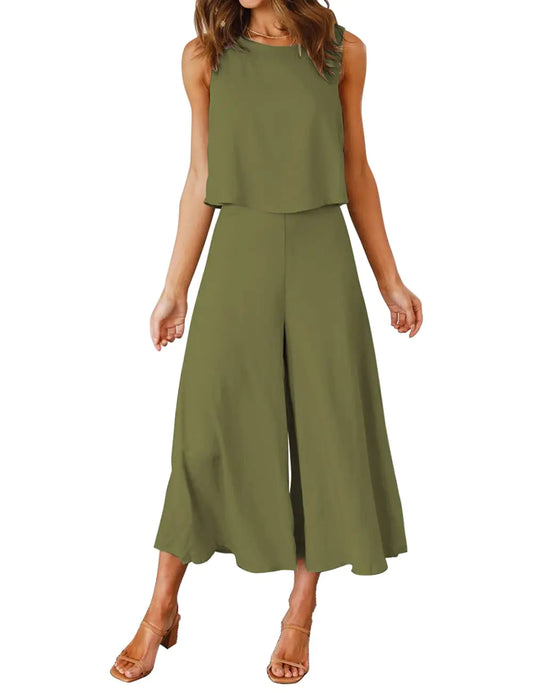 ROYLAMP Women's Summer Two-Piece Olive Green Crop Top and Wide-Leg Pants Set - Vivareflex Online