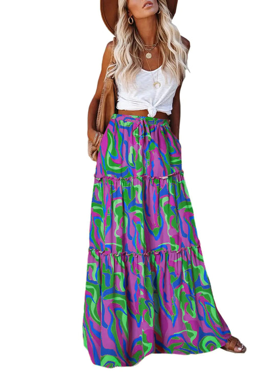 EARKOHA Womens Casual High Waist Tie Paisley Print Long Maxi Skirt with Pockets Purple Green XX-Large - Vivareflex Online