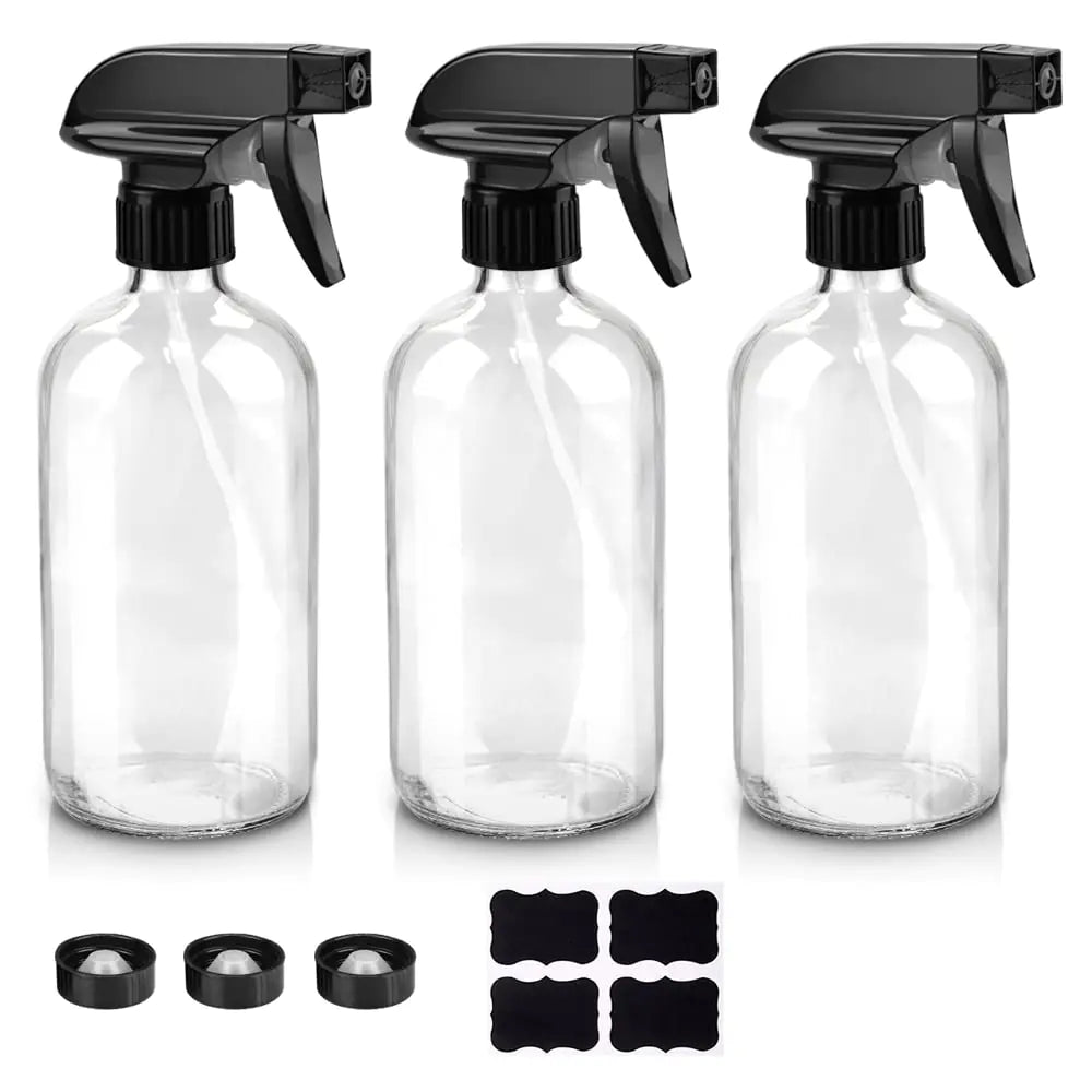 16oz Clear Glass Spray Bottles with Labels & Adjustable Nozzle – Reusable Cleaning Containers