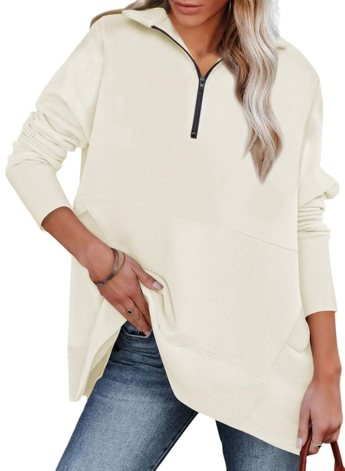 Sudadera Dokotoo informal de gran tamaño con media cremallera para mujer, chaquetas tipo pulóver de manga larga de color liso con bolsillos en beige medio 