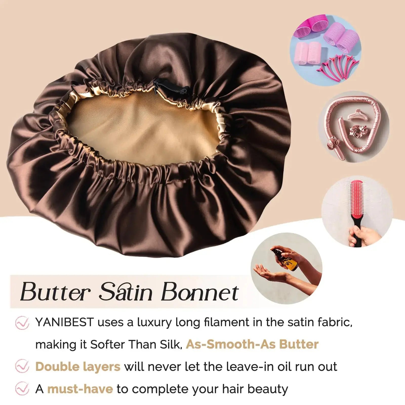 YANIBEST Satin Bonnet Silk Bonnet Adjustable Hair Bonnet for Sleeping Hair Bonnets for Women Curly Natural Hair One Size Brown - Vivareflex Online