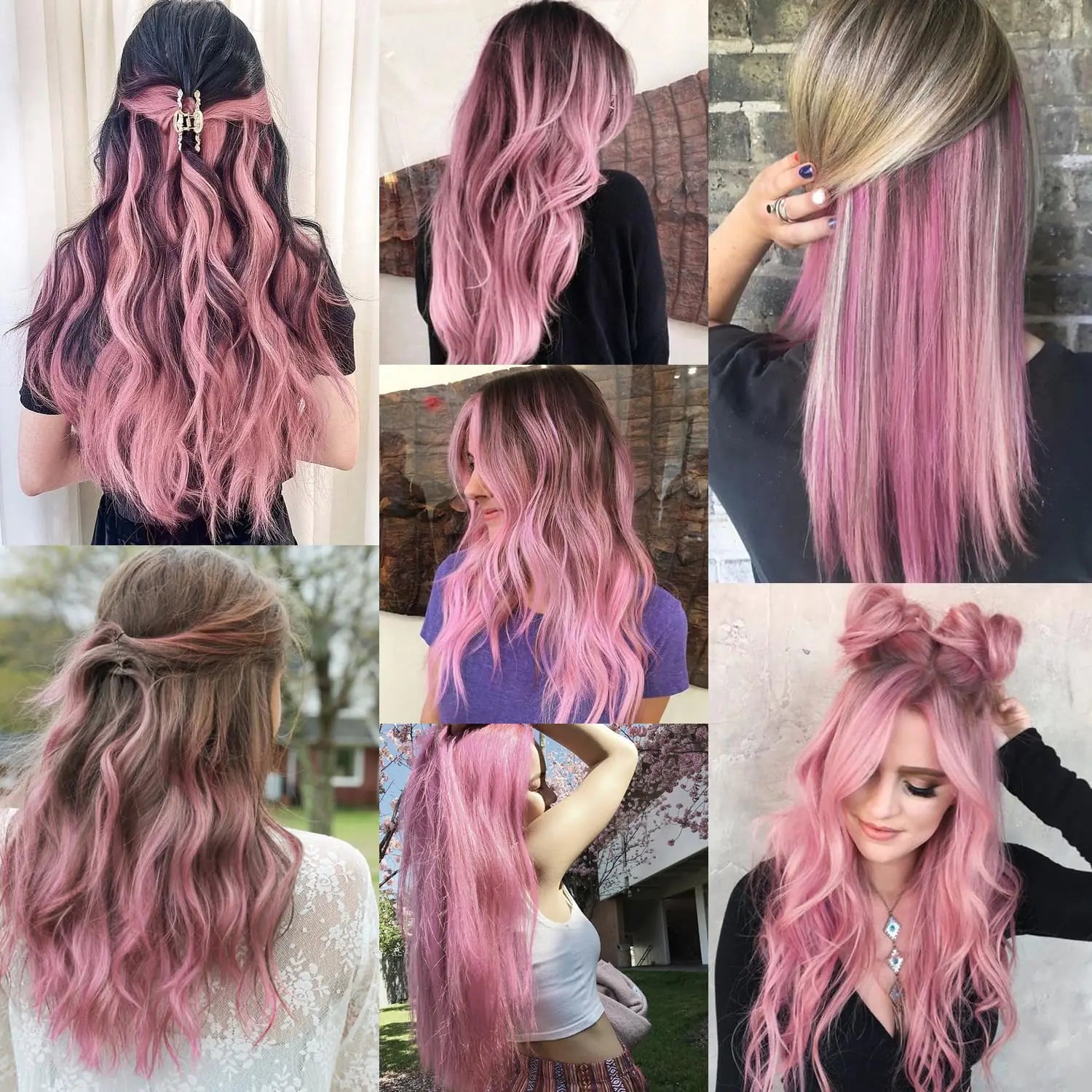 Extensions de cheveux colorés de 22 pouces, postiche lisse, mèches multicolores, extensions de cheveux synthétiques à clipser pour enfants et femmes, cadeau (10 pièces rose)