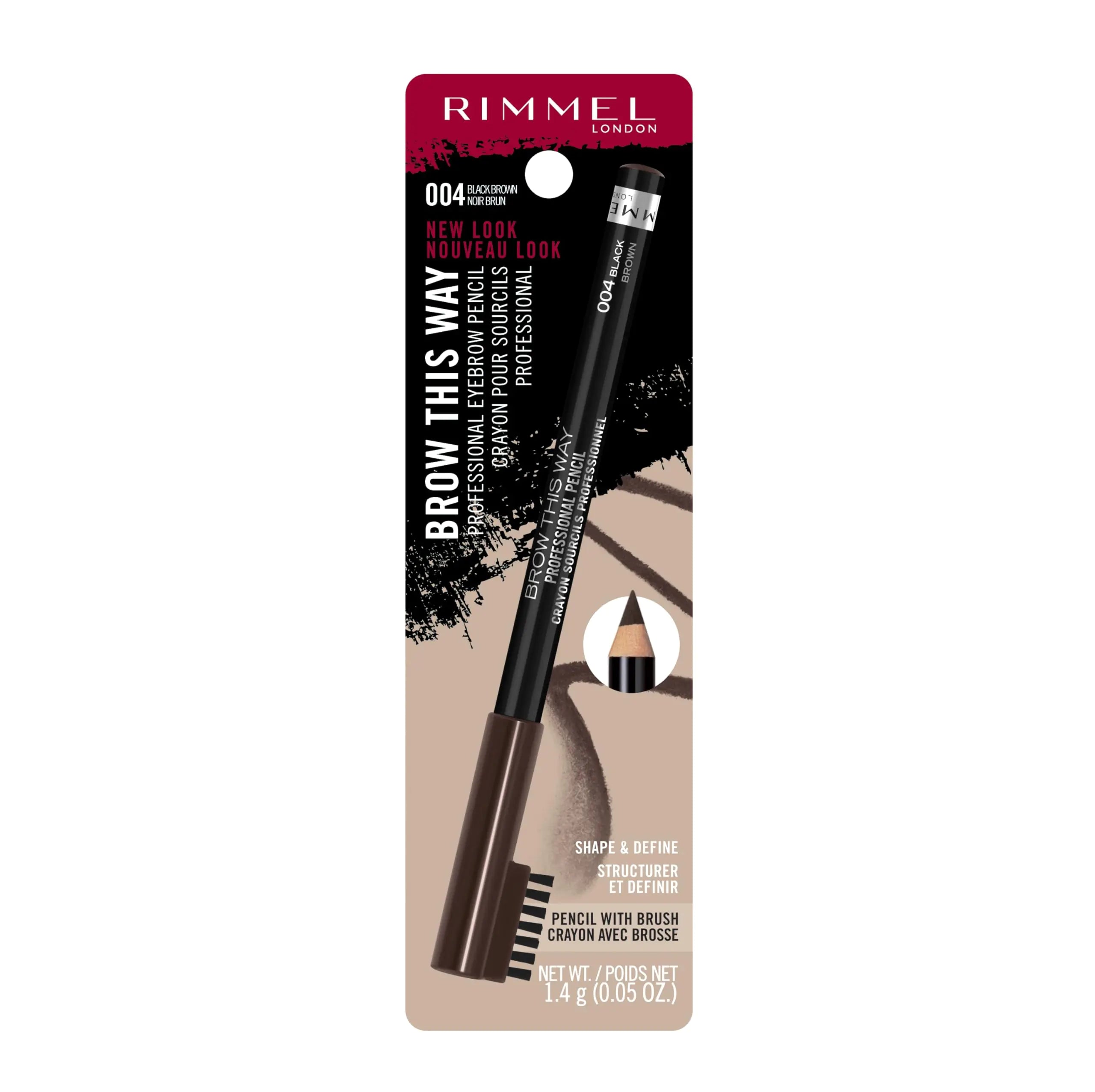 Lápiz de cejas profesional Brow This Way de Rimmel London, de larga duración, altamente pigmentado, con cepillo incorporado, 004, marrón oscuro, 0,05 oz (paquete de 1) 