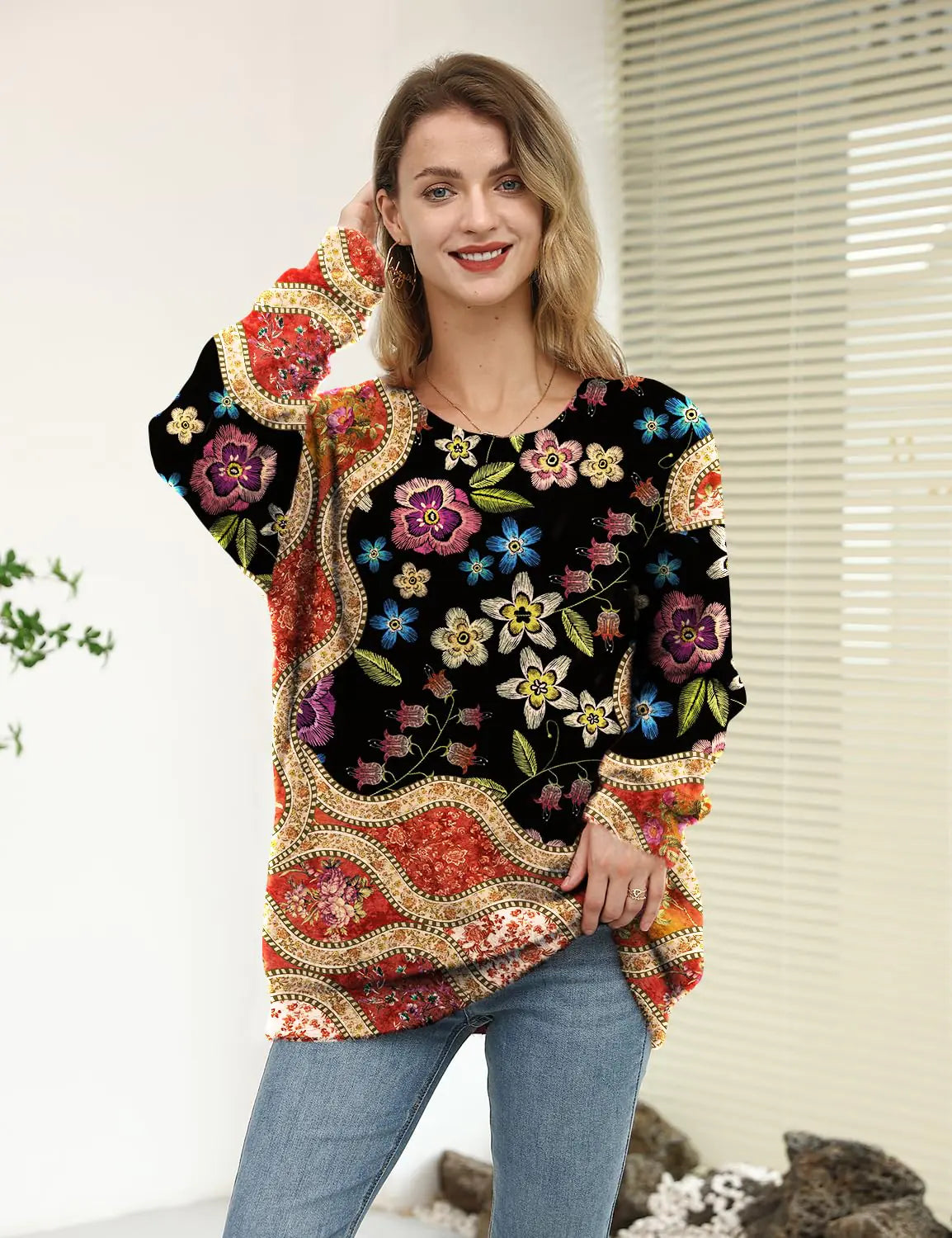 YESNO Suéter navideño feo para mujer, suéteres holgados de gran tamaño con estampado gráfico, tops de punto casuales, talla S01, talla XX-Large, floral, 174 