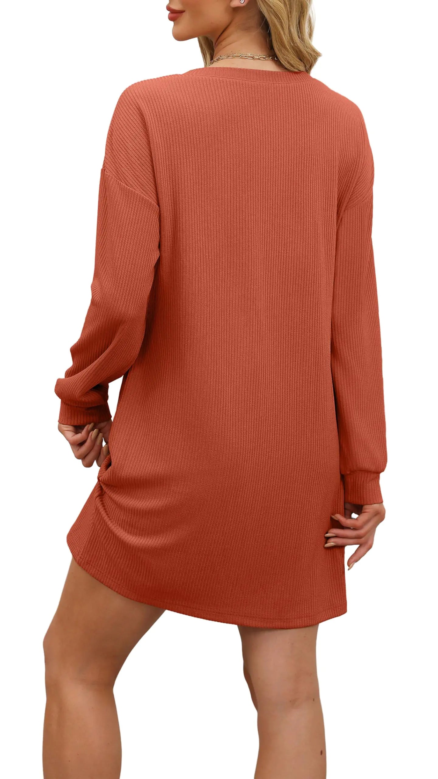 WIHOLL Robe à manches longues pour femme Coupe ample Col rond décontracté Mini robes fluides avec poches Mode automne 2024 Caramel Large