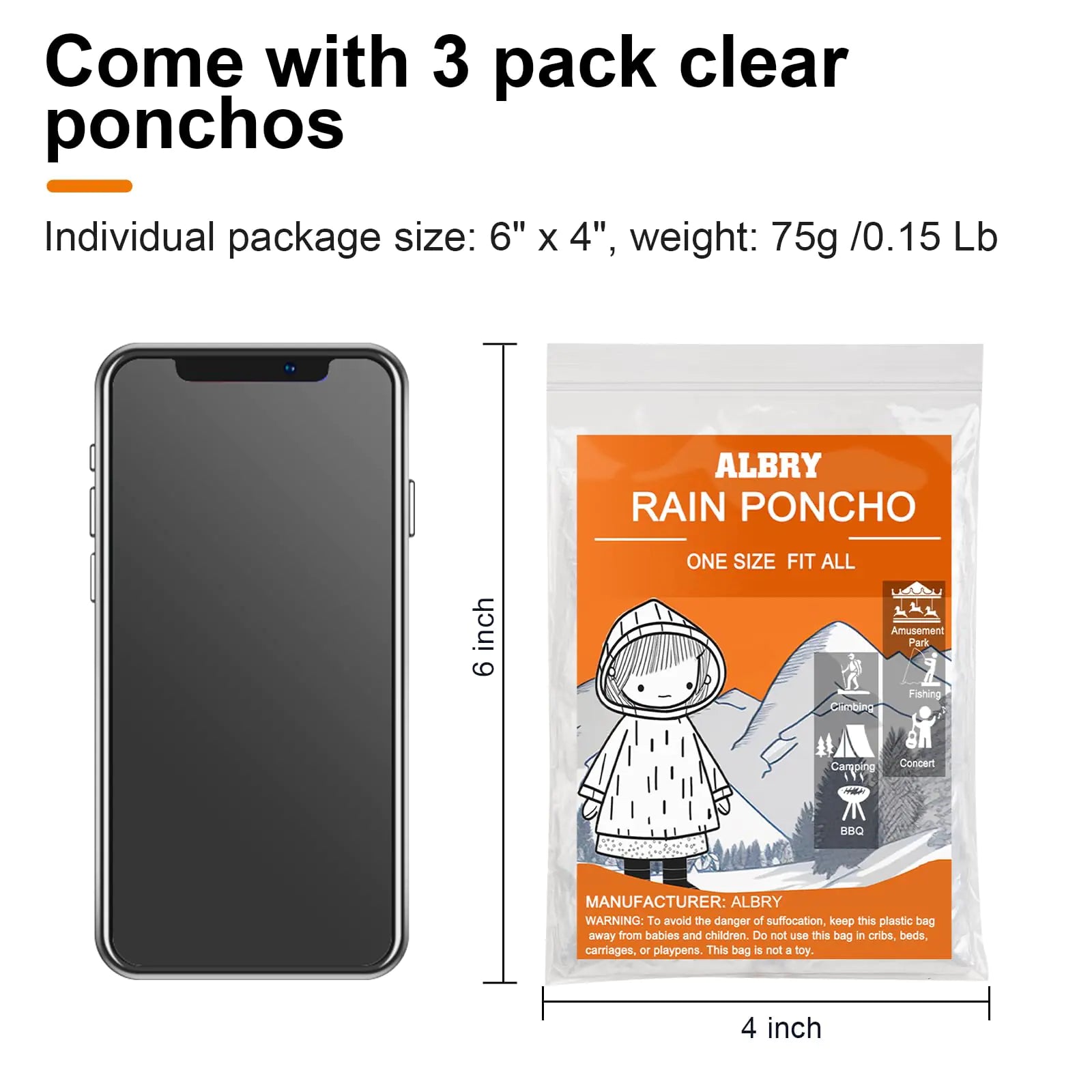 Ponchos de lluvia desechables ALBRY para adultos con capucha con cordón - Ponchos de lluvia de emergencia, paquete familiar para mujeres y hombres, transparente, talla única, paquete de 3 