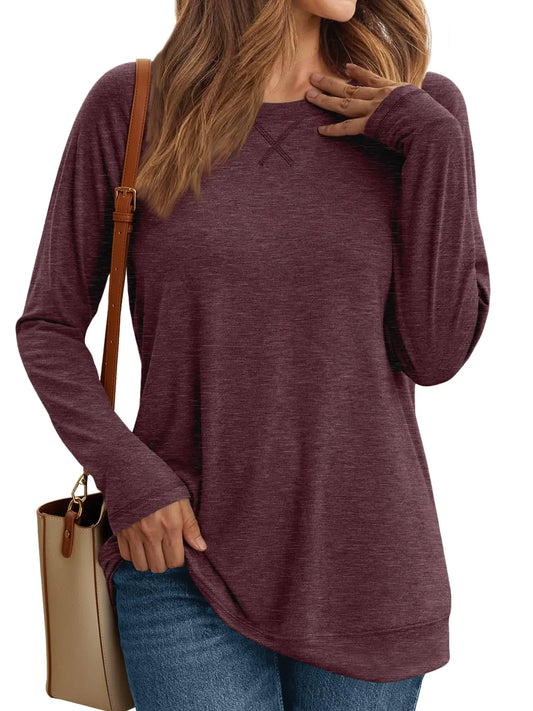 AUTOMET Womens Long Sleeve Shirts Casual Loose Fit Top - Wine Red Color