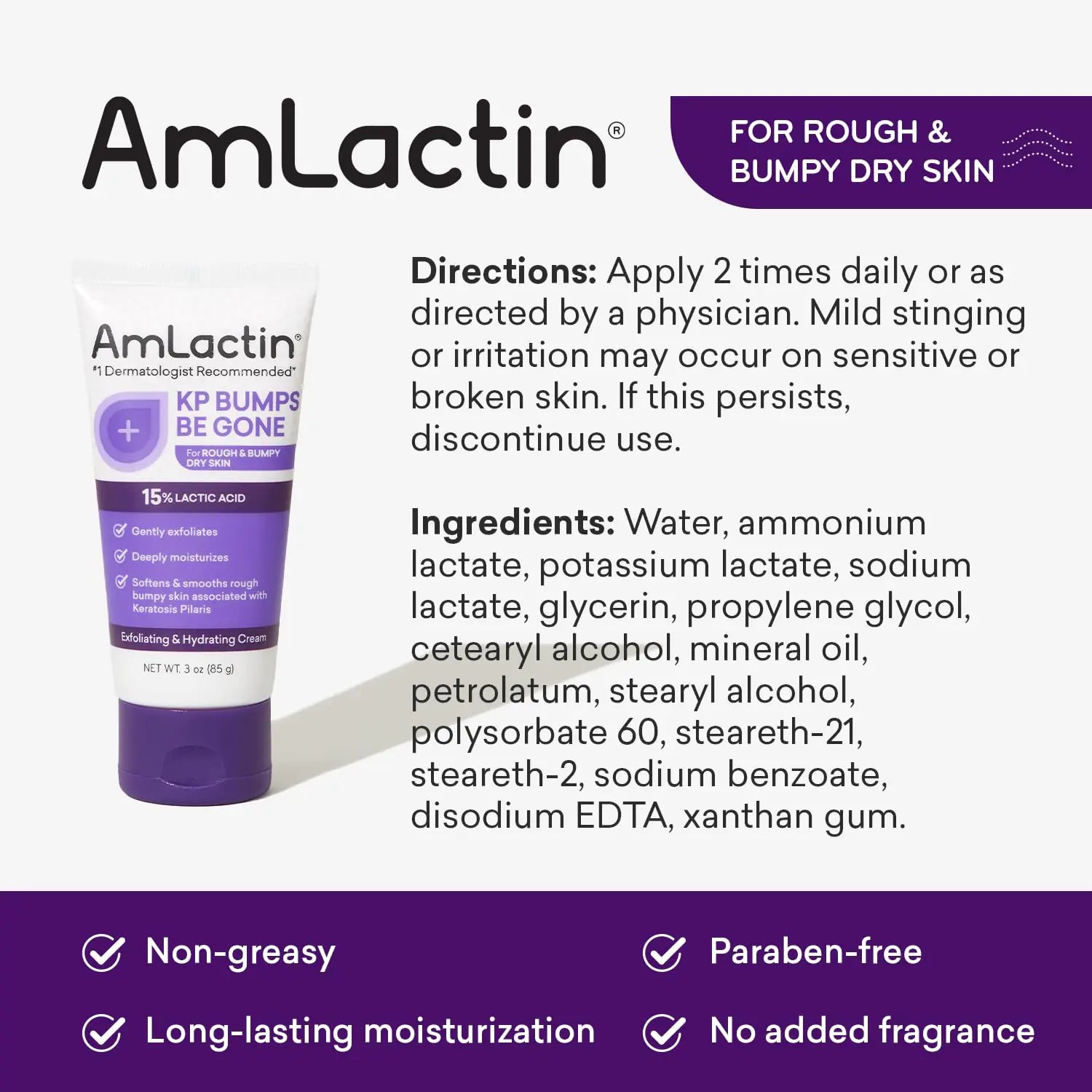 AmLactin KP Bumps Be Gone - Crema humectante para queratosis pilaris de 3 oz con 15 % de ácido láctico - Exfoliante y humectante para piel seca, áspera y con bultos, paquete de 2 (el empaque puede variar) 3 onzas (paquete de 2) 