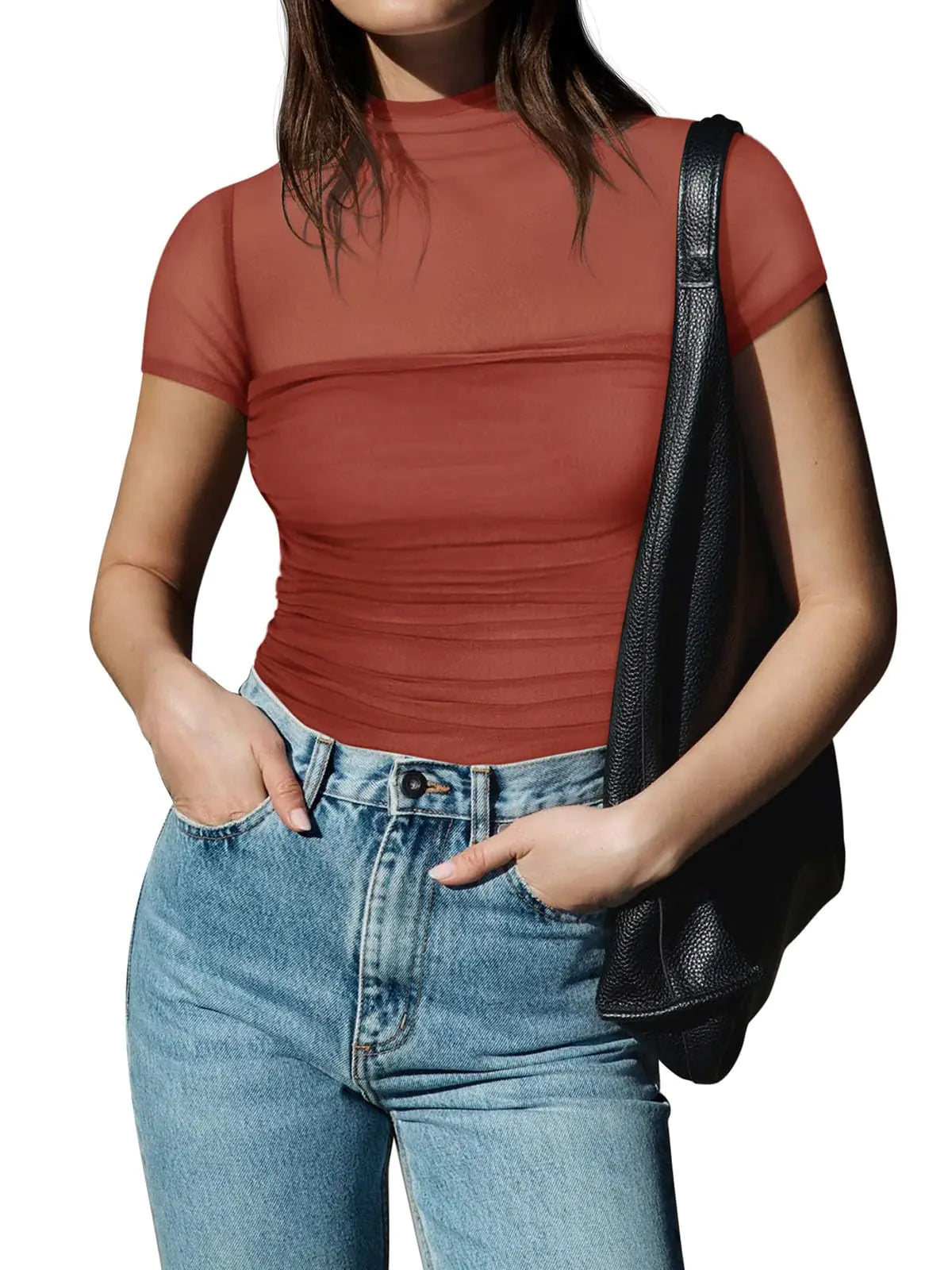 REORIA Women's Sexy Mock Turtle Neck Short Sleeve Bodysuit - Sheer Mesh Ruched Trendy Top in Rusty Red - Vivareflex Online