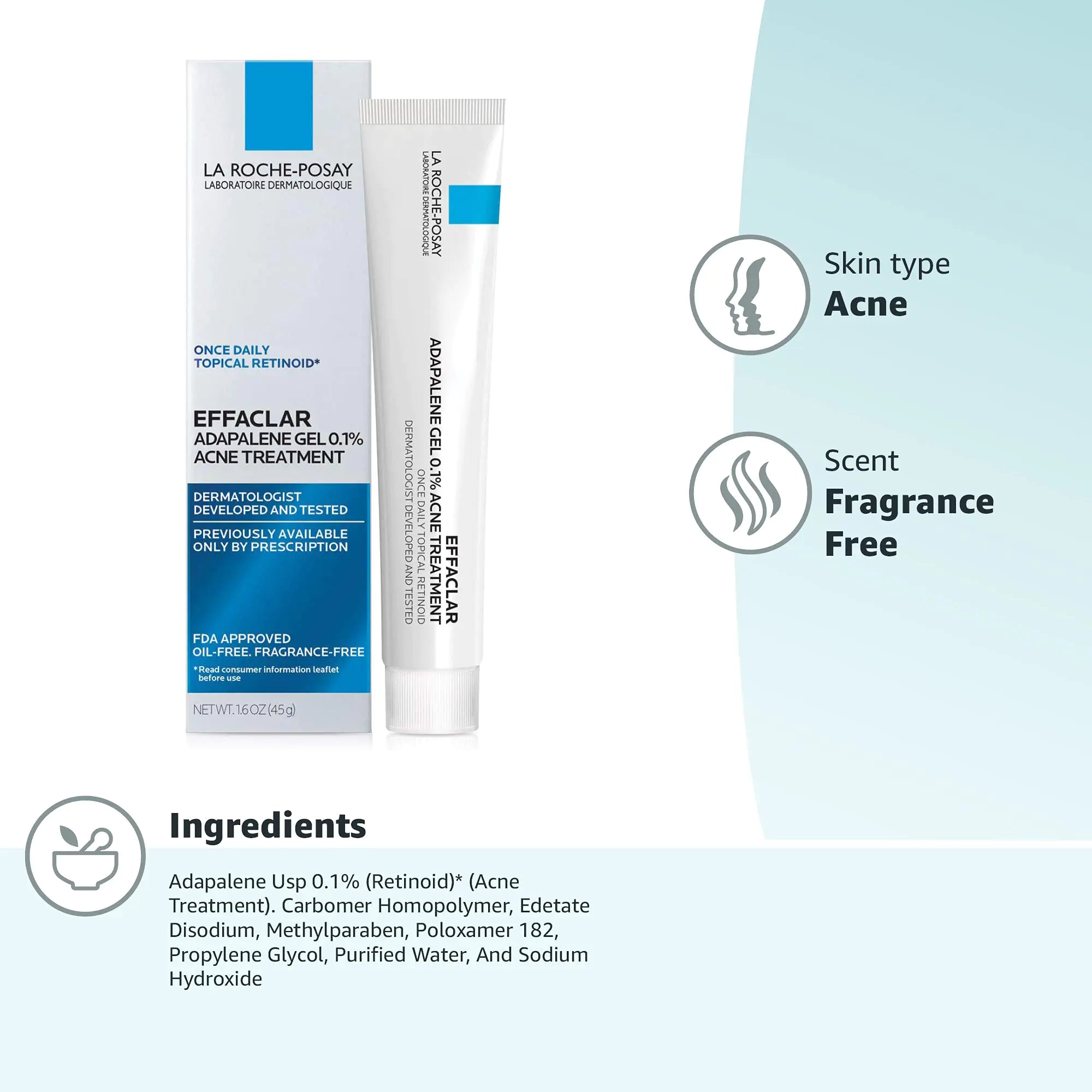 La Roche-Posay Effaclar Adapalene Gel 0.1% Acne Treatment - Retinoid Acne Cream for Clearer Skin