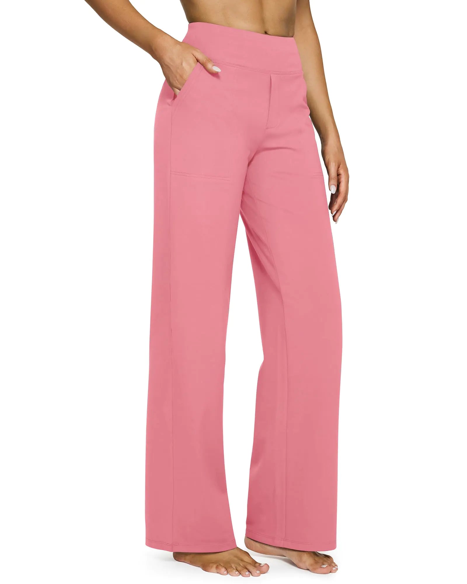 Pantalones de yoga G4Free para mujer, pantalones de pierna ancha con bolsillos, cintura alta, elásticos, pantalones deportivos casuales, talla pequeña/normal/alta, entrepierna de 29 pulgadas, XX-grande, rosa 