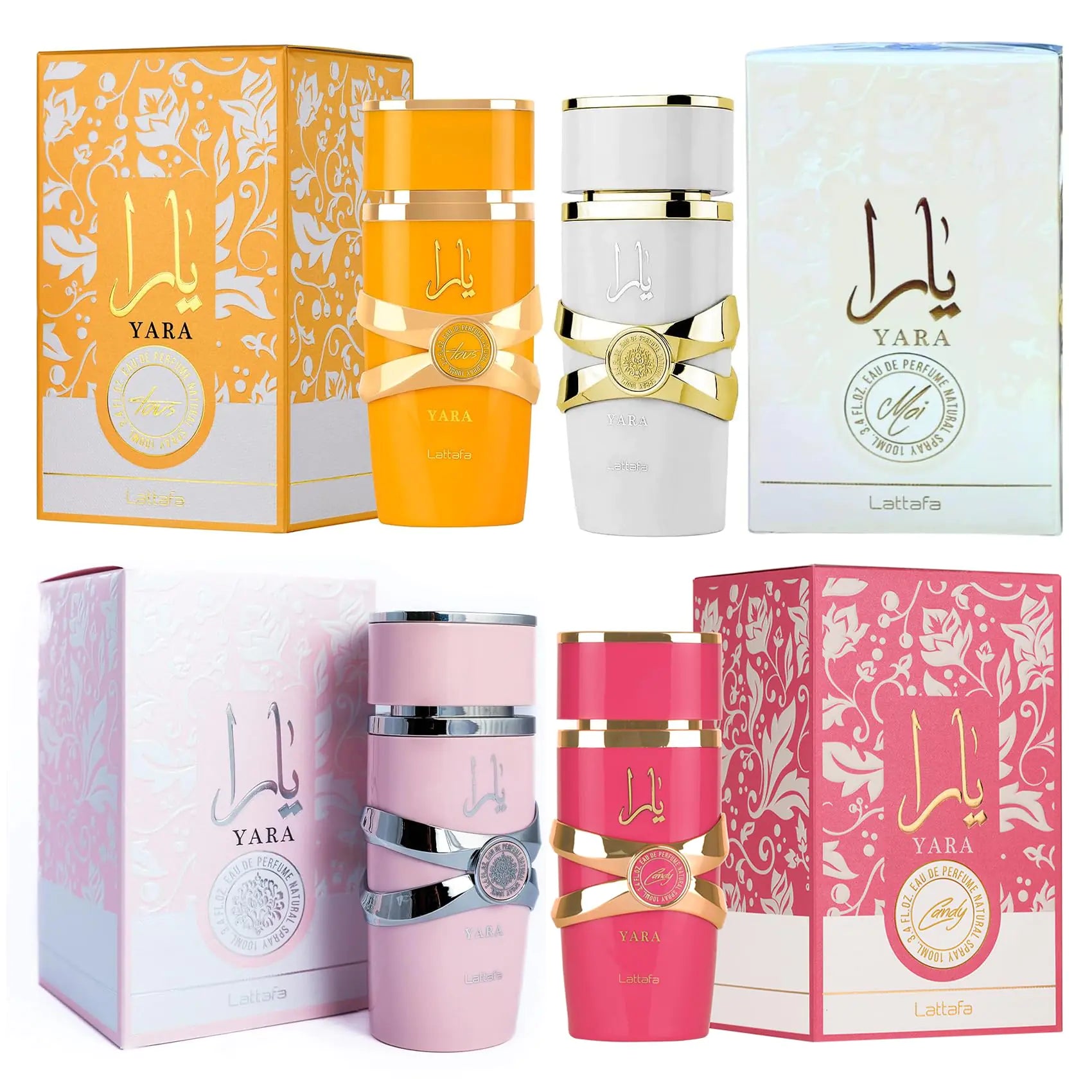 Lattafa - Set de 4 piezas de perfume en spray para mujer (3,4 onzas de Yara + 3,4 onzas de Yara Moi + 3,4 onzas de Yara Tous + 3,4 onzas de Yara Candy) Set Yara de 3,4 onzas líquidas (paquete de 4) 