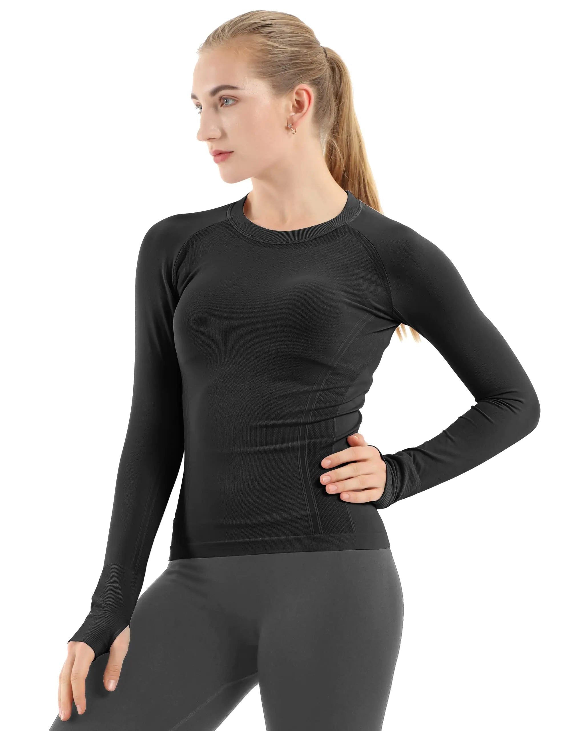 Camisetas de entrenamiento sin costuras MathCat para mujer, camisetas de yoga de manga larga, camiseta deportiva para correr, camiseta atlética transpirable, corte ajustado, color negro mediano 