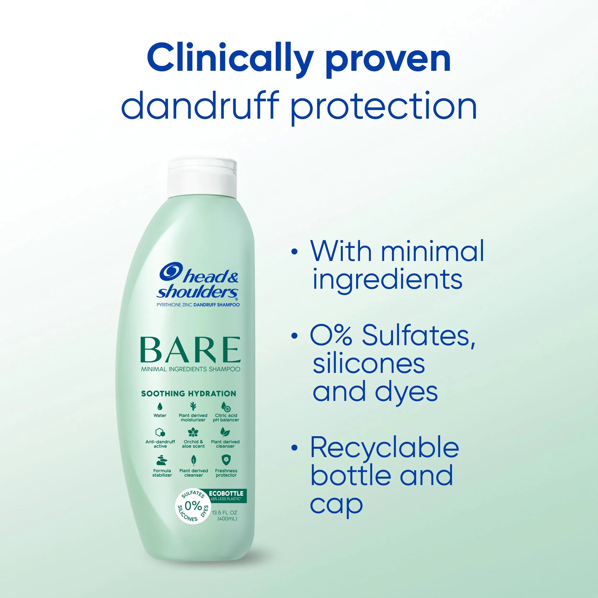 Head & Shoulders BARE Dandruff Shampoo, Sulfate Free Minimal Ingredients Anti Dandruff Shampoo, Soothing Hydration, Ecobottles with Less Plastic, Safe for All Hair Types, 13.5 fl oz each, Twin Pack