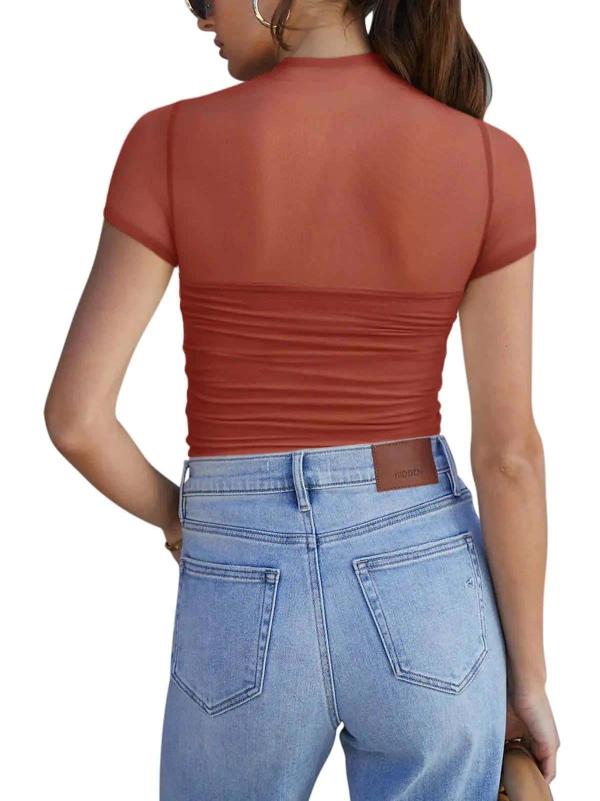 REORIA Women's Sexy Mock Turtle Neck Short Sleeve Bodysuit - Sheer Mesh Ruched Trendy Top in Rusty Red - Vivareflex Online