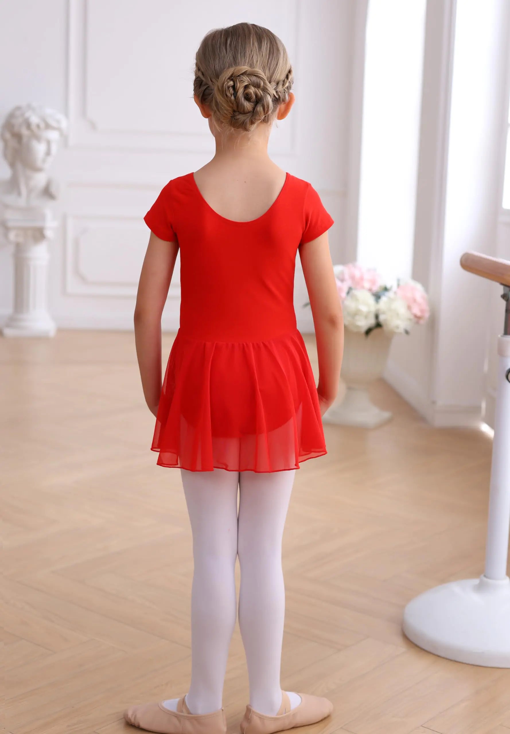 MdnMd Toddler Ballet Leotards for Girls Dance Leotards with Skirt Gymnastic Ballerina Outfit Dress Classic Short Sleeve Red 8-10 Years