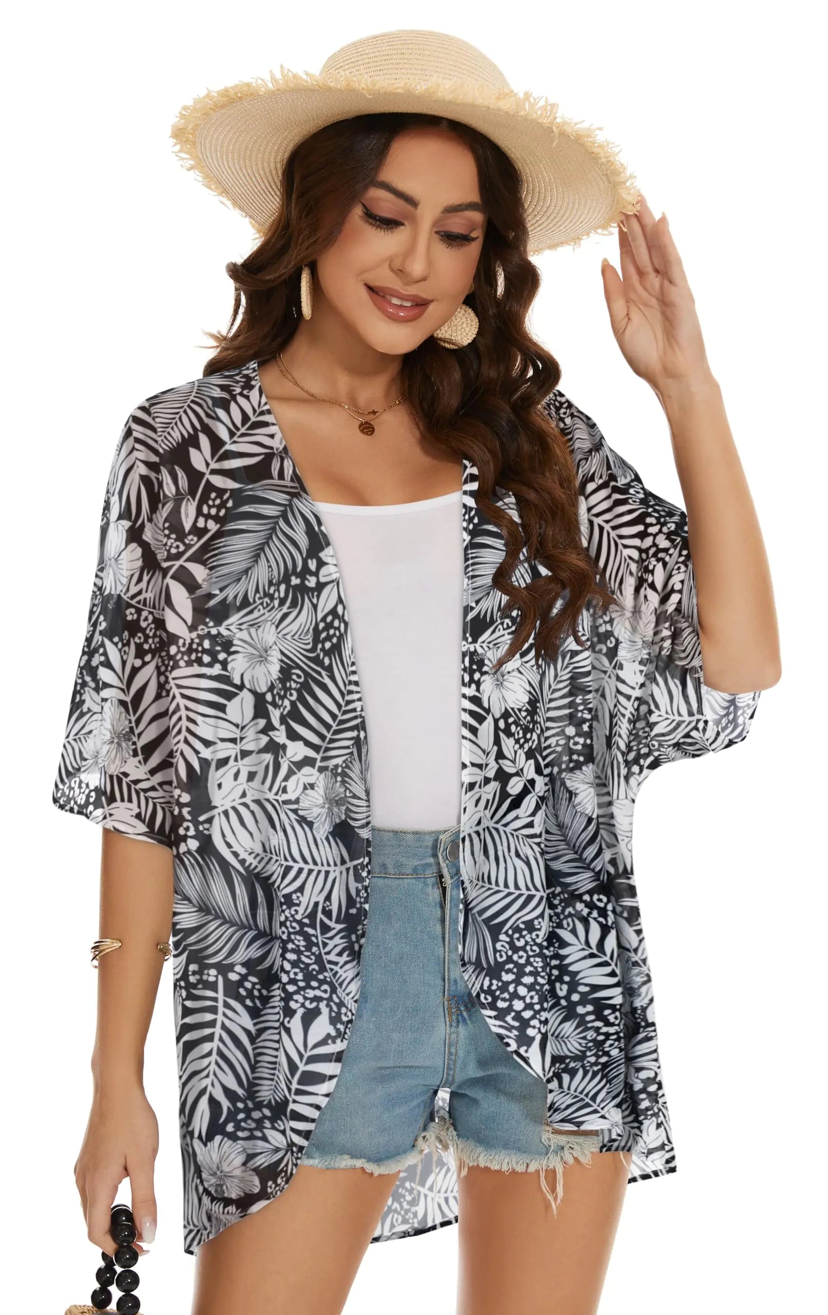 Kimono de plage pour femme en mousseline de soie, cardigan, hauts à fleurs, capes amples, feuilles blanches, taille XX-Large