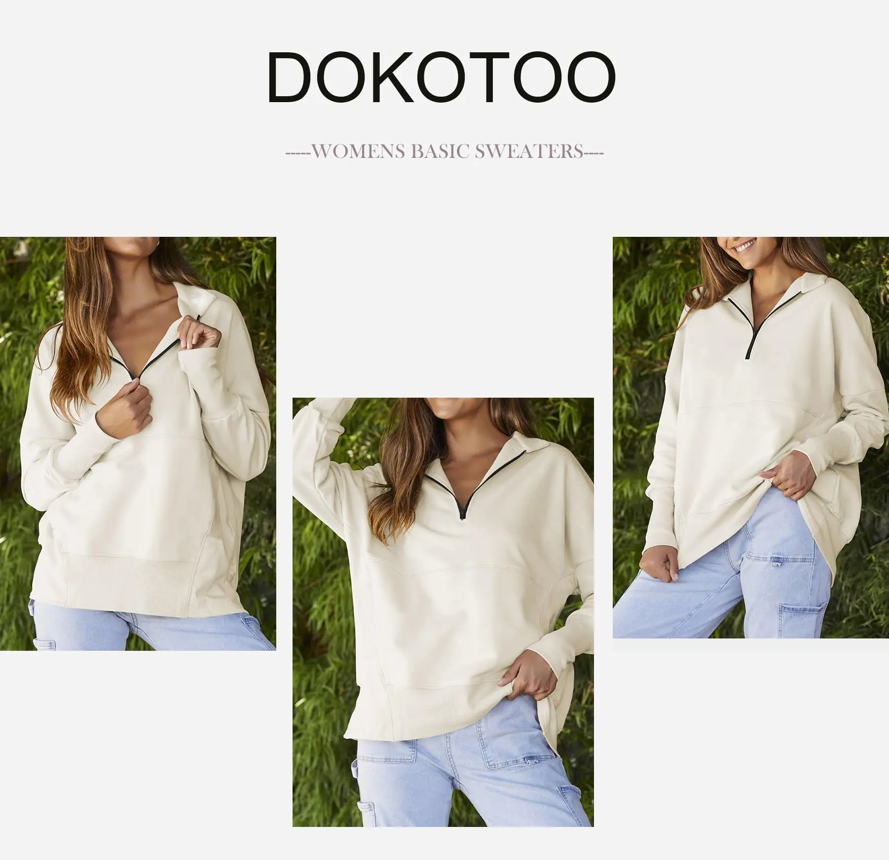 Sudadera Dokotoo informal de gran tamaño con media cremallera para mujer, chaquetas tipo pulóver de manga larga de color liso con bolsillos en beige medio 