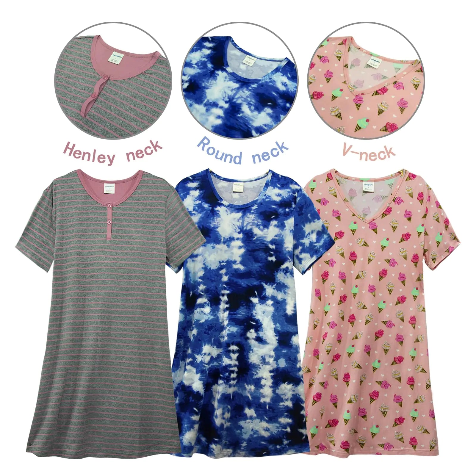 Paquete de 3 camisones para dormir para mujer, camisones suaves para mujer, vestido de manga corta, ropa de dormir (S-3X), más 1 juego de 3 