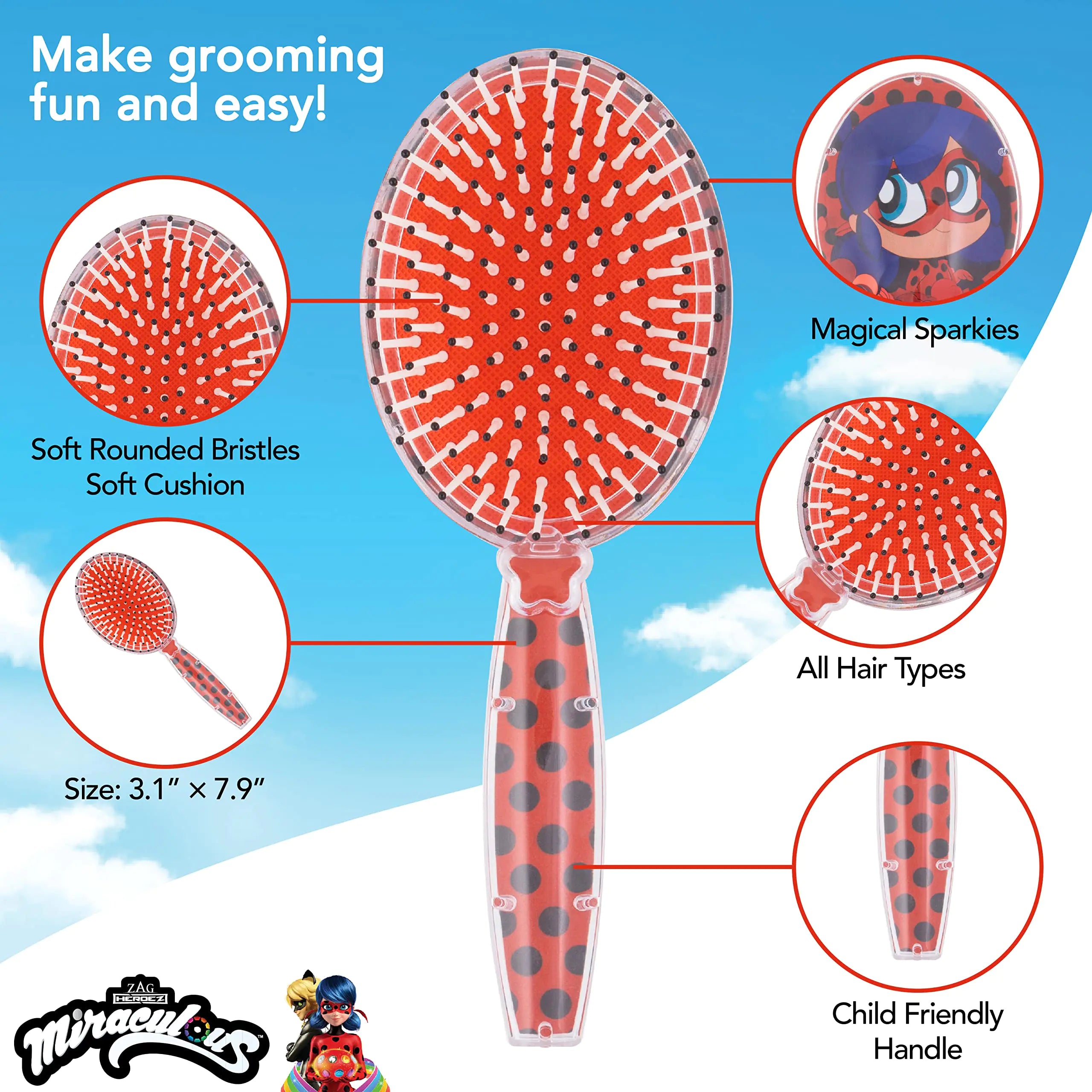 Miraculous Hair Brush with Magical Sparkling Stars Ladybug Confetti Hair Brush - Kids Hair Brush Ages 3+ Red