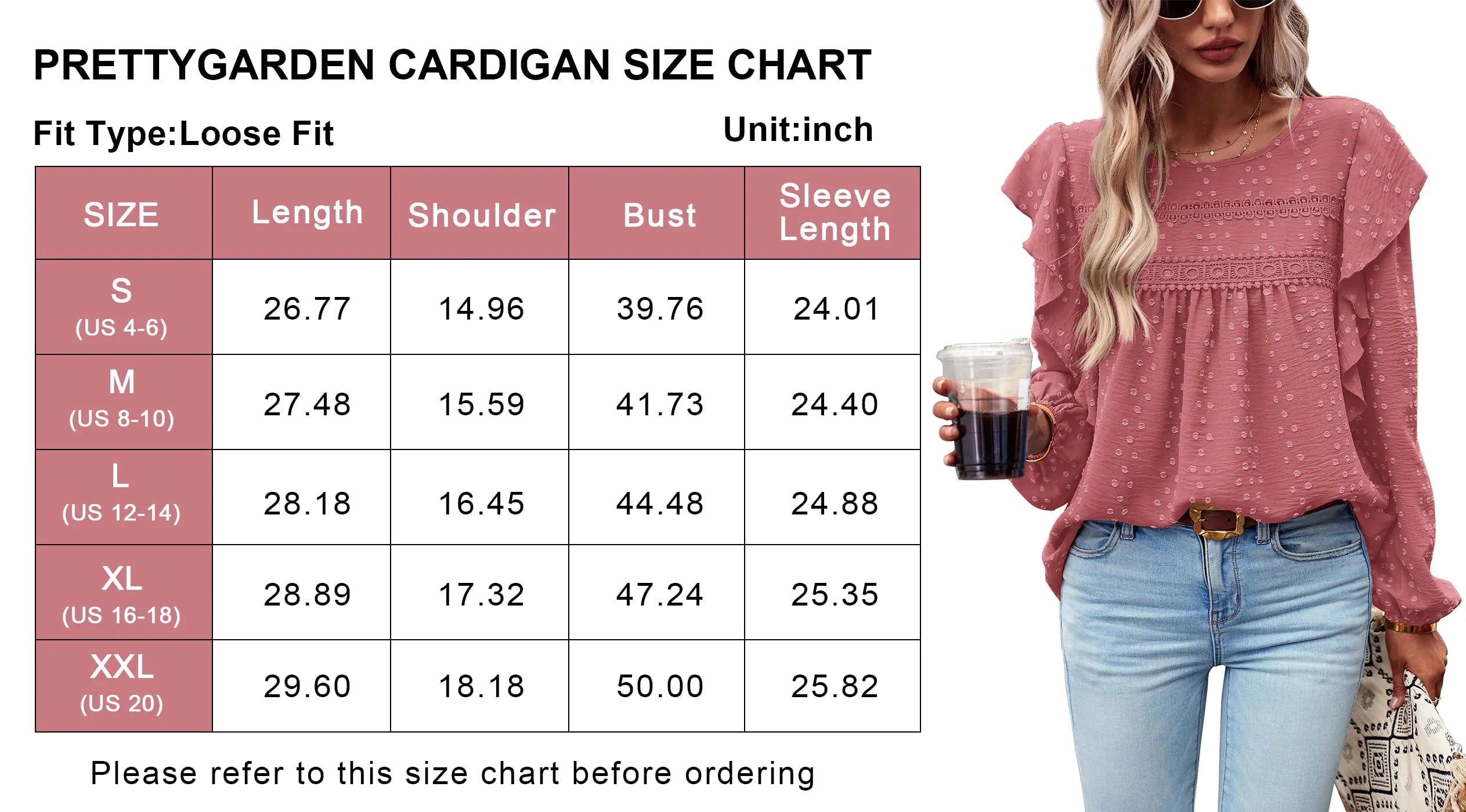 PRETTYGARDEN Women's Long Sleeve Blouses Ruffle Swiss Dot Crochet Loose Fit 2024 Fall Tunic Dressy Casual Tops - XX-Large, Dark Pink - Vivareflex Online