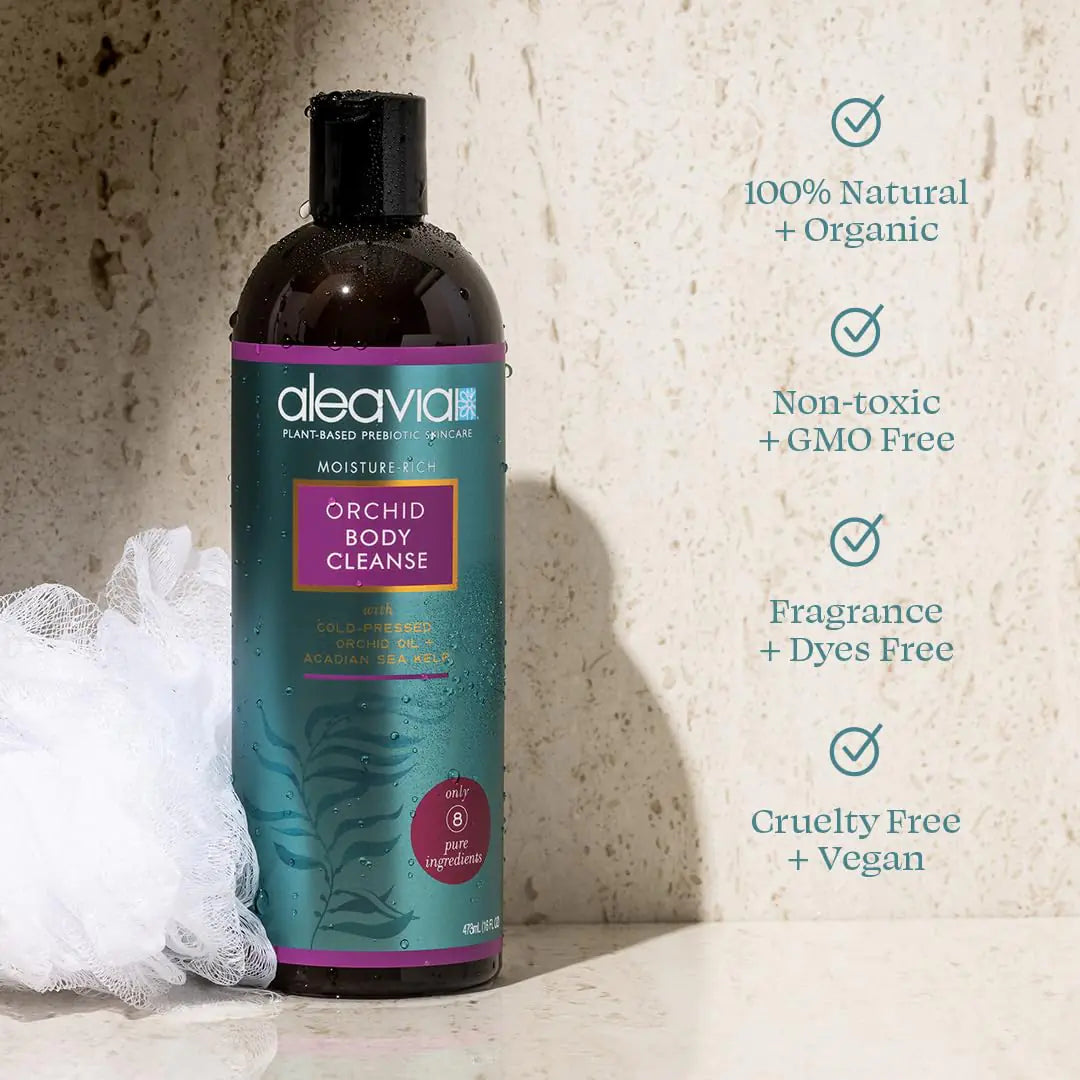 Aleavia Body Cleanse – Gel de baño prebiótico orgánico y totalmente natural con aceite de orquídea puro prensado en frío – Nutre el microbioma de tu piel – 16 oz 