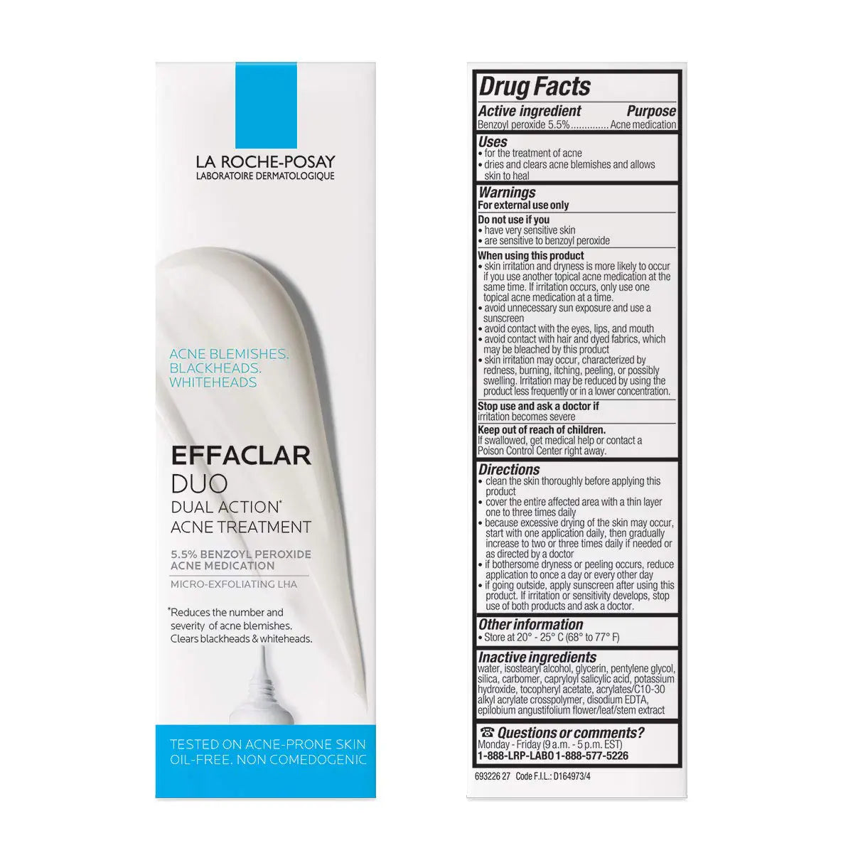 La Roche-Posay Effaclar Duo Crème de traitement localisée à double action contre l'acné avec peroxyde de benzoyle Traitement de l'acné pour l'acné et les points noirs, transparence légère, sans danger pour les peaux sensibles 0,7 fl oz (paquet de 1)