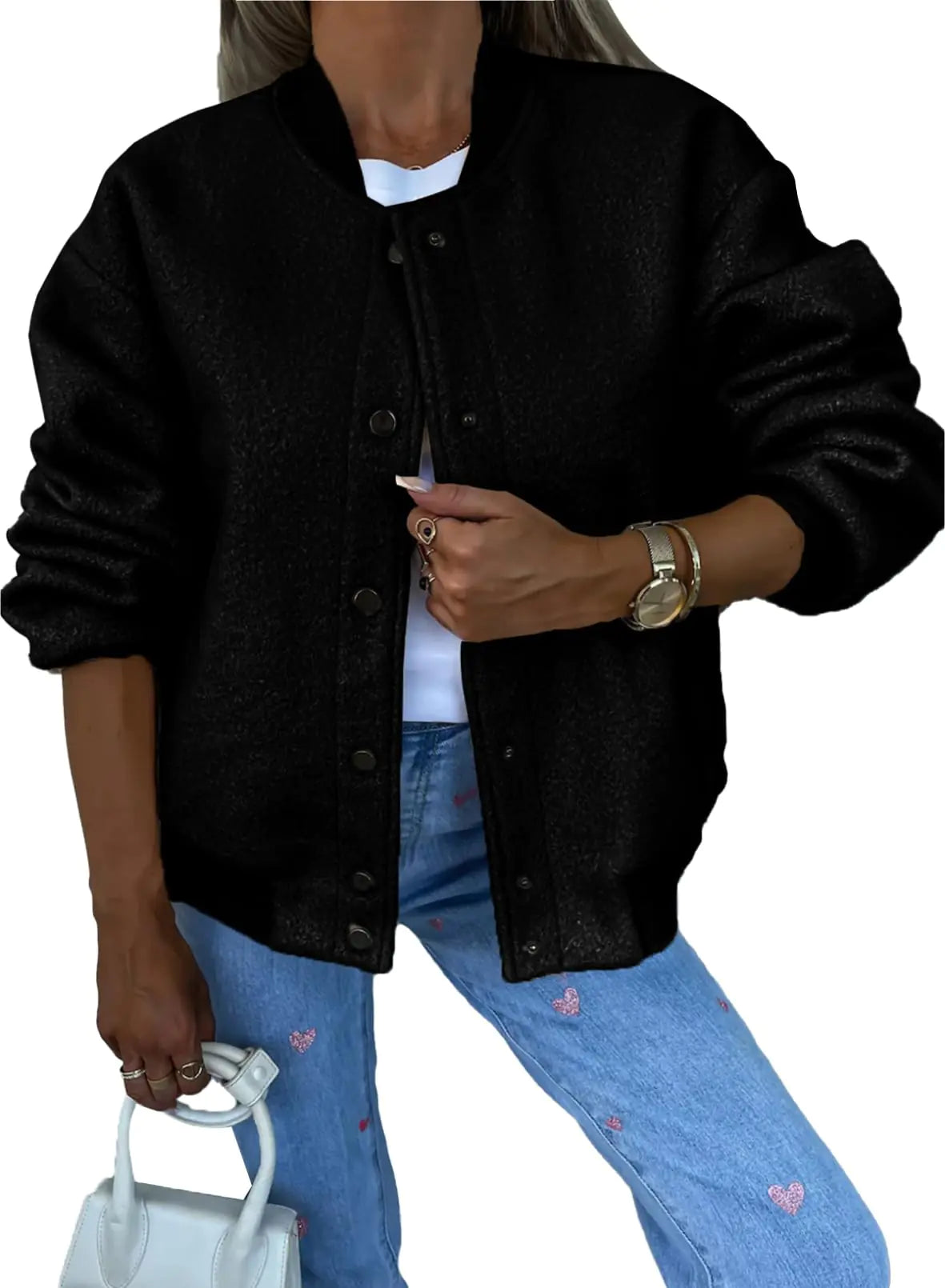 SHEWIN Chaqueta bomber para mujer, informal, con cuello alto, con botones, abrigo de polar holgado, ropa de abrigo con bolsillos, color negro pequeño 