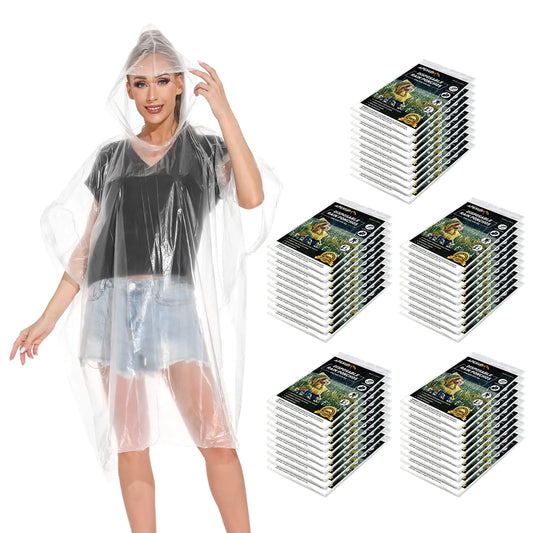 APEXUP Ponchos de pluie jetables pour adultes, poncho de pluie d'urgence pour camping, randonnée, voyage, transparent, lot de 50