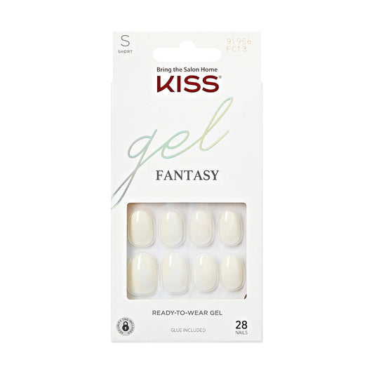 KISS Gel Fantasy, Ongles à presser, Colle à ongles incluse, « Perfect Fit », Blanc clair, Taille courte, Forme ovale, Comprend 28 ongles, 2 g de colle, 1 bâton de manucure, 1 mini lime Perfect Fit