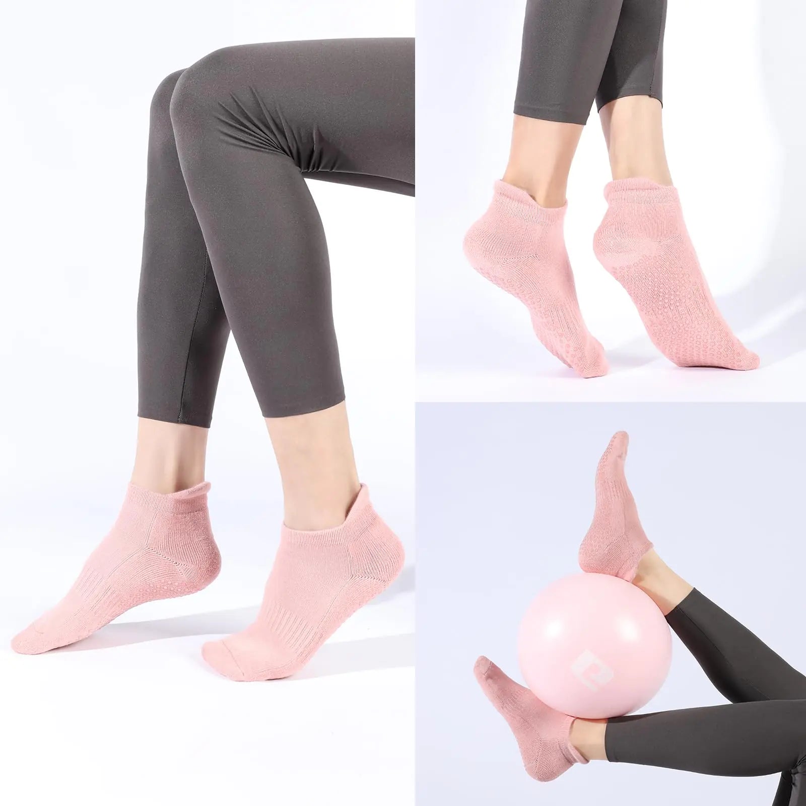 Chaussettes de yoga et pilates antidérapantes avec poignées pour femme en coton noir/blanc/rose