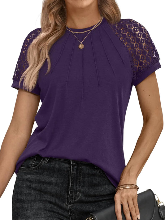 AUTOMET Womens Tshirts Trendy Fashion Tops Lace Short Sleeve Business Tee Shirts Casual Knitted Blouses Summer Outfits 2024 Small Darkpurple