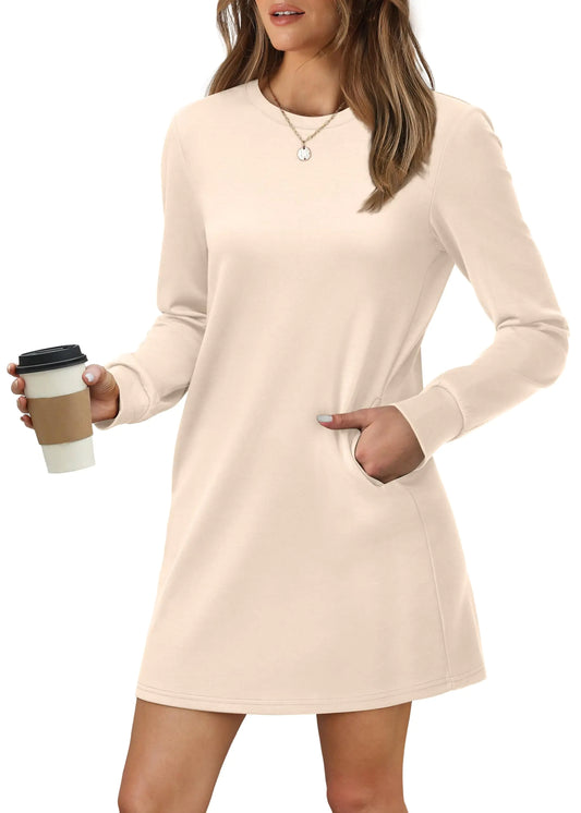 WIHOLL Women Long Sleeve Casual Loose Fit Fall Crewneck Mini Dress