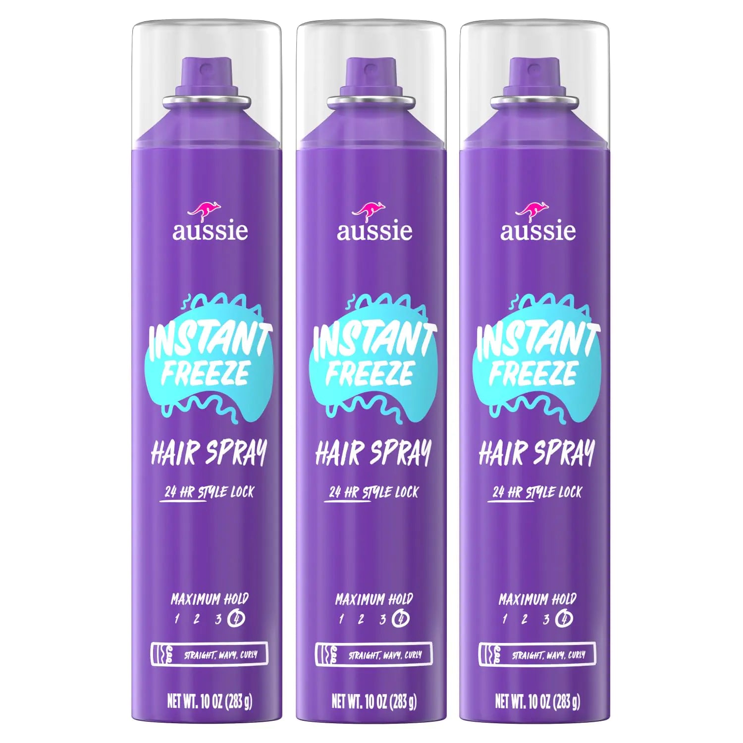 Aussie Instant Freeze Hair Spray for Extreme Hold, Infused with Jojoba Oil & Sea Kelp, Long-Lasting All-Day Hold, Fresh Citrus Scent, Safe for All Hair Types, 10 Fl Oz, 3 Pack Jojoba and Sea Kelp Hairspray