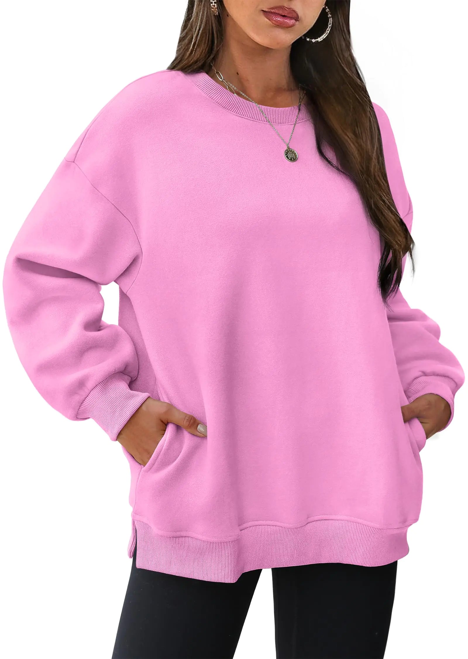 WIHOLL Sudaderas de gran tamaño para mujer, camisetas de cuello redondo y manga larga, jersey de polar, ropa de moda de otoño con bolsillo, rosa, XX-Large 