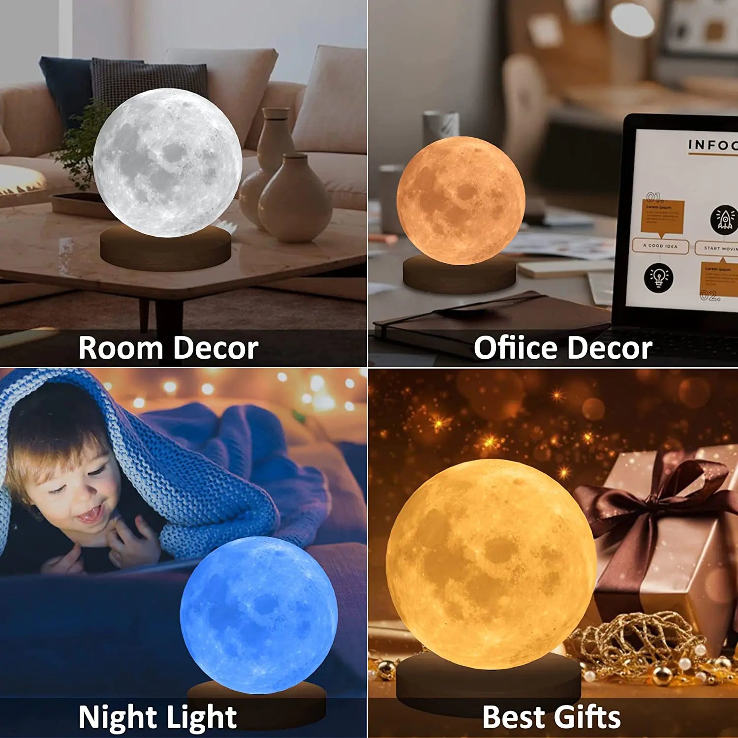 Lampe de nuit LED 3D rotative à 360° en forme de lune