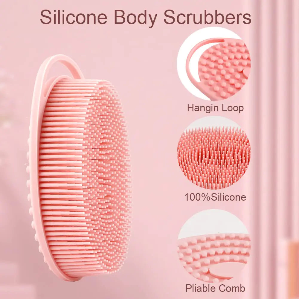 Soft Silicone Body Scrubber 2 PCS Silicone Body Shower, Silicone Loofah 2 in 1 Bath and Shampoo Brush, Body Scrubber Shower Cleaning Exfoliating Use for Sensitive Skin, Lather Well(Pink and Blue) pink blue