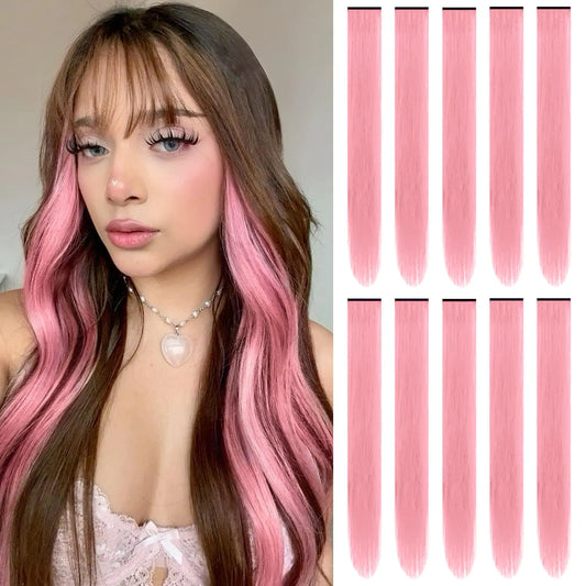 Extensions de cheveux colorés de 22 pouces, postiche lisse, mèches multicolores, extensions de cheveux synthétiques à clipser pour enfants et femmes, cadeau (10 pièces rose)