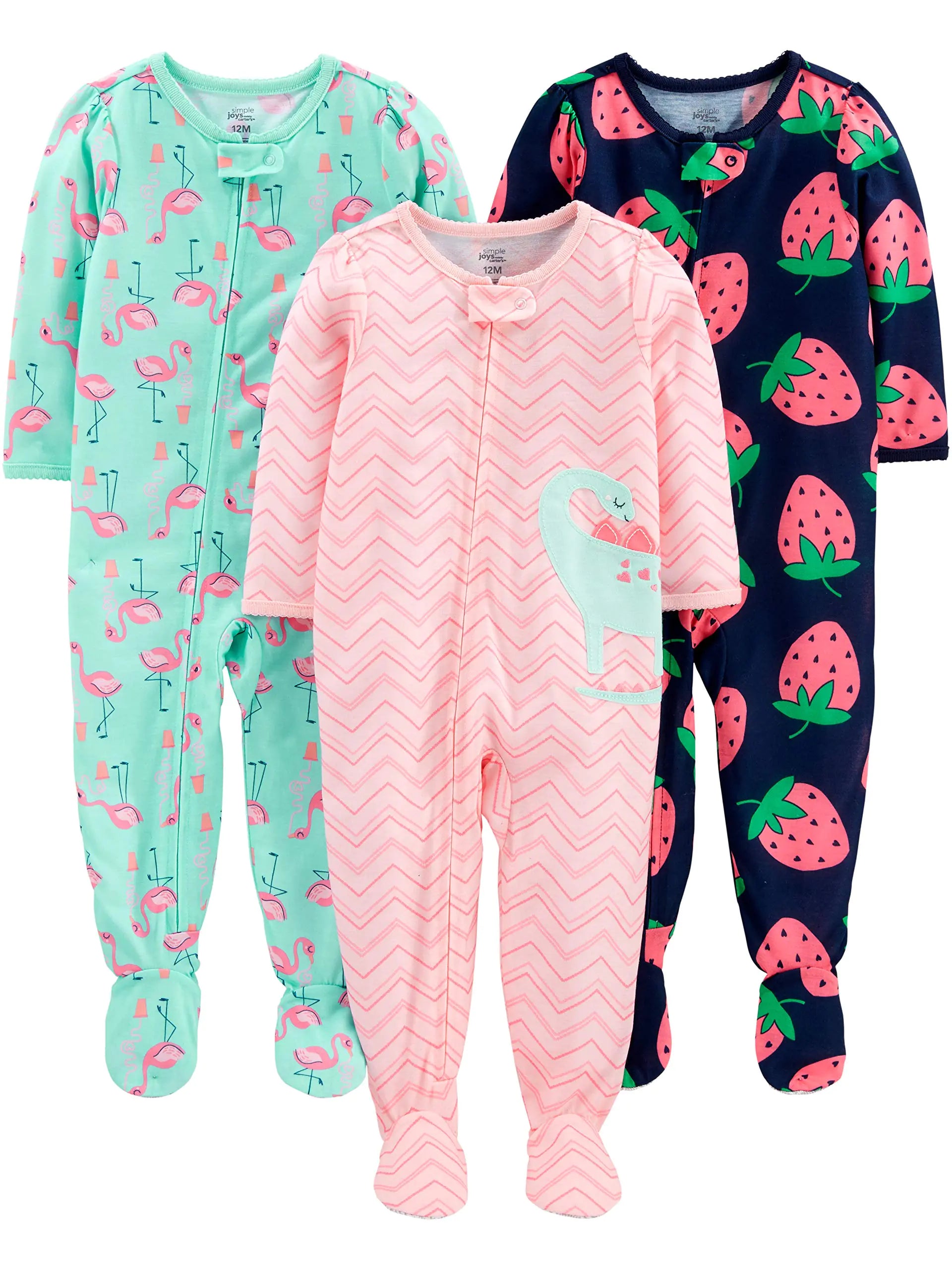 Pijama holgado de jersey de poliéster con pies para niñas y bebés de Simple Joys by Carter's, paquete de 3, de 6 a 9 meses, estampado de dinosaurios, flamencos y fresas 