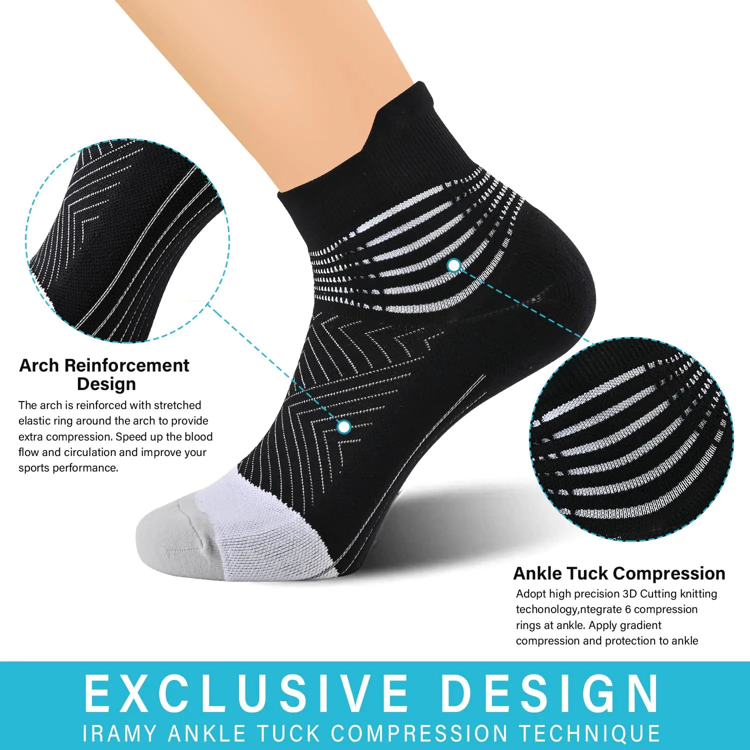 IRAMY Compression Ankle Support Socks Women - Coolmax Wicking, Cushioned Athletic, Plantar Fasciitis Relief 2/3/6 Pairs Medium Grey(2 Packs)