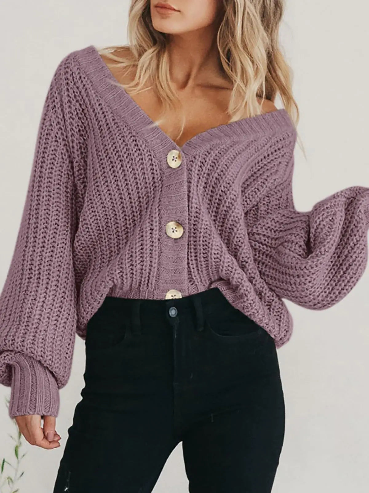 PRETTYGARDEN Pull en tricot épais ouvert sur le devant pour femme, manches longues, boutons, cardigan court ample, vêtements d'extérieur, manteaux, brume d'orchidée moyenne