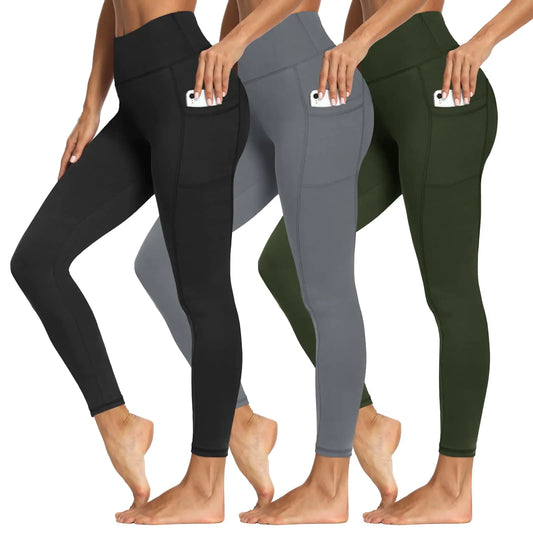 Lot de 3 leggings avec poches pour femmes, pantalons de yoga taille haute doux pour le contrôle du ventre