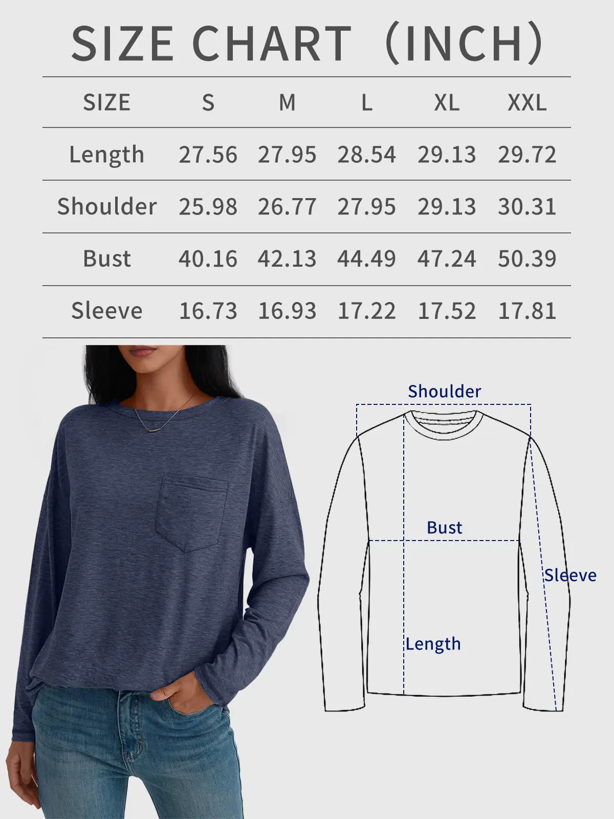 AUTOMET Hauts pour femmes Chemises à manches longues Décontracté Basique Col ras du cou T-shirt surdimensionné Coupe ample Vêtements de mode d'automne 2024 Tenues Bleu foncé Petit