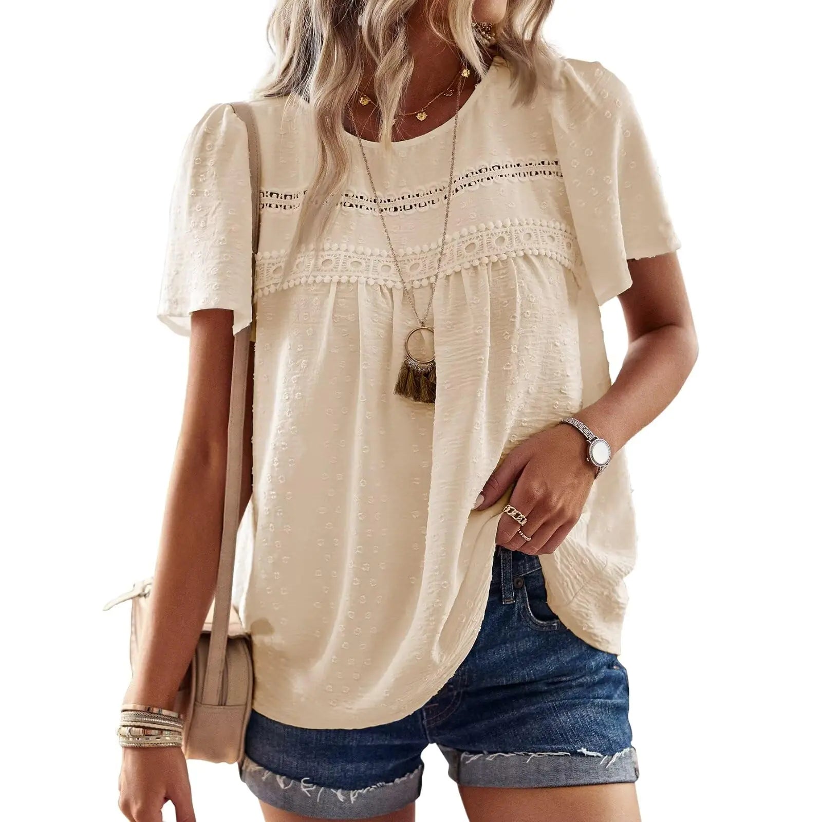 Womens Summer Tops Crewneck Short Sleeve Shirts Casual Chiffon Blouses Flowy Lace Hem Boho Clothing Trendy 2024 XX-Large Apricot