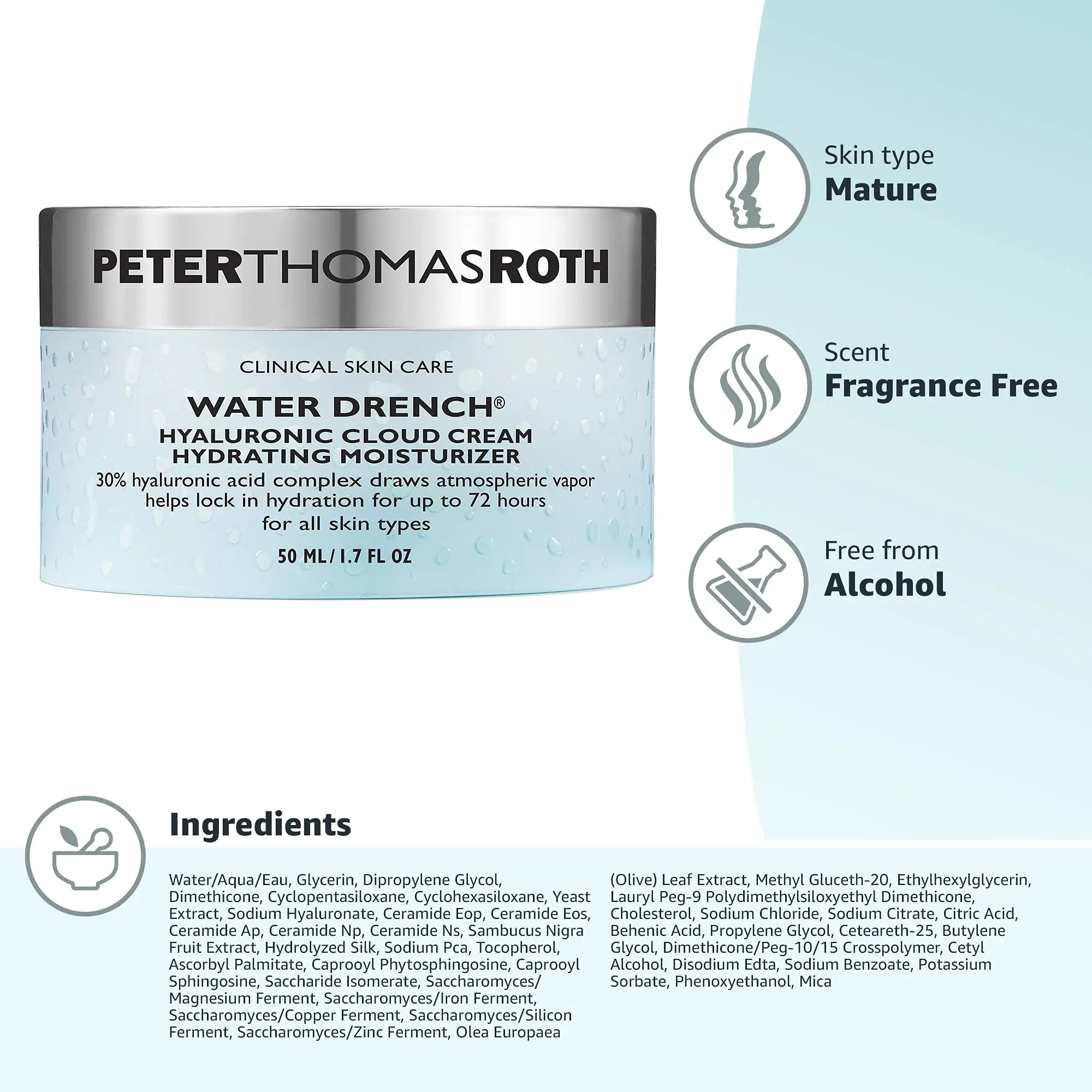 Peter Thomas Roth | Water Drench Hyaluronic Cloud Cream | Crema hidratante para el rostro, hasta 72 horas de hidratación para una piel de aspecto más juvenil, sin fragancia, 1,69 onzas líquidas 1,7 onzas líquidas (paquete de 1) 