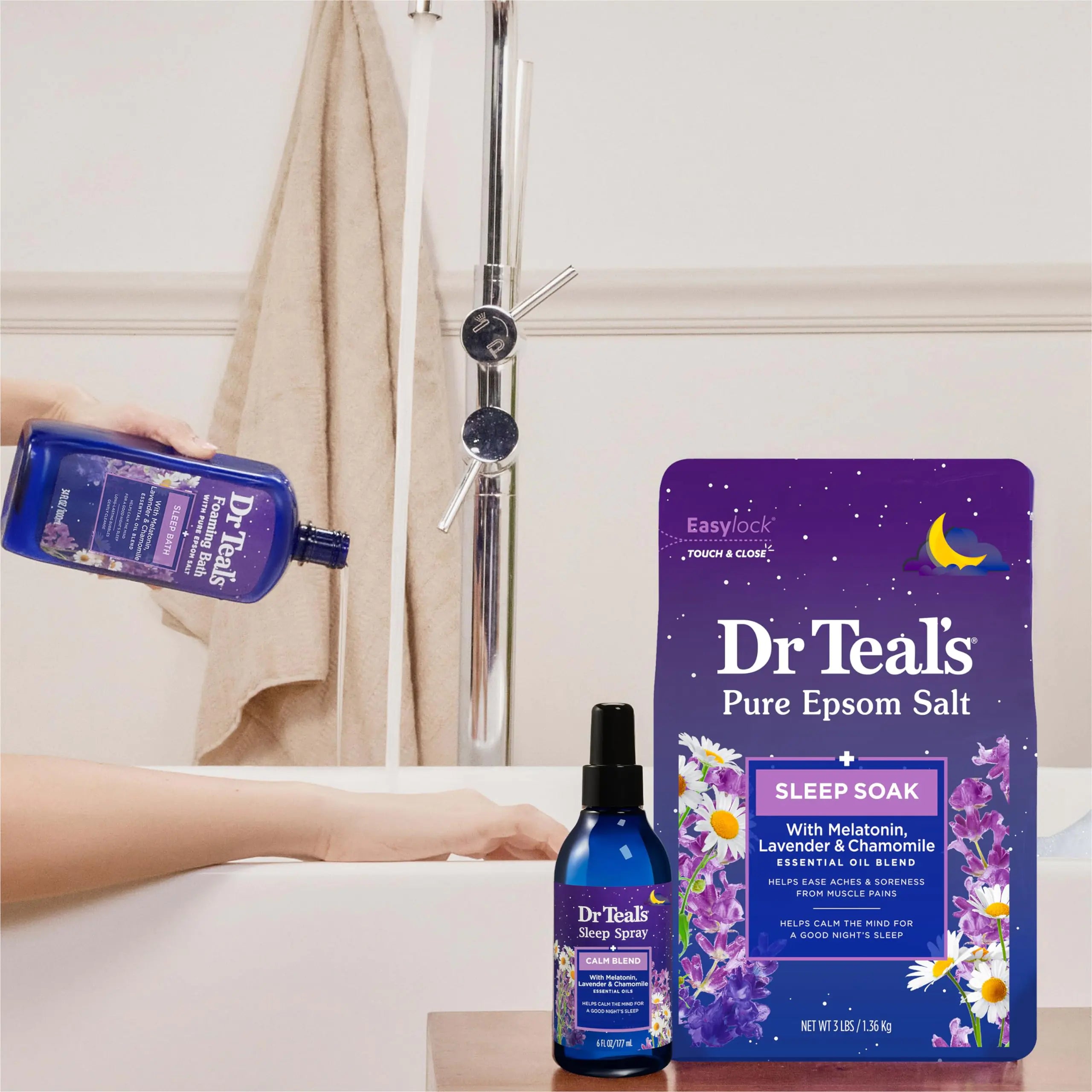 Baño espumoso con sal de Epsom pura del Dr. Teal, mezcla para dormir con melatonina, aceites esenciales de lavanda y manzanilla, 34 onzas líquidas (paquete de 4) (el empaque puede variar) 